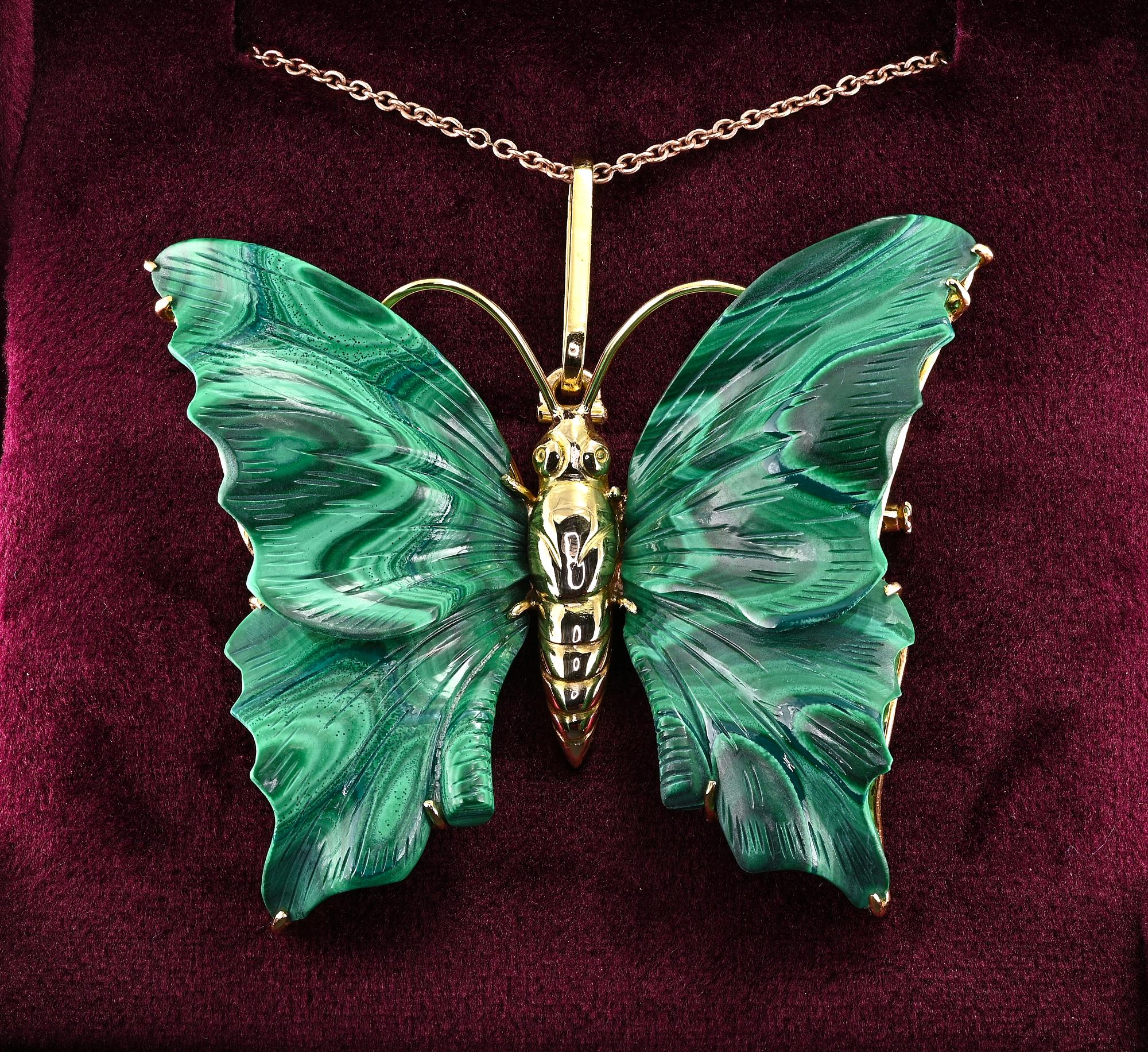 Bead Vintage Malachite Carved Butterfly 18 KT Brooch Pendant For Sale