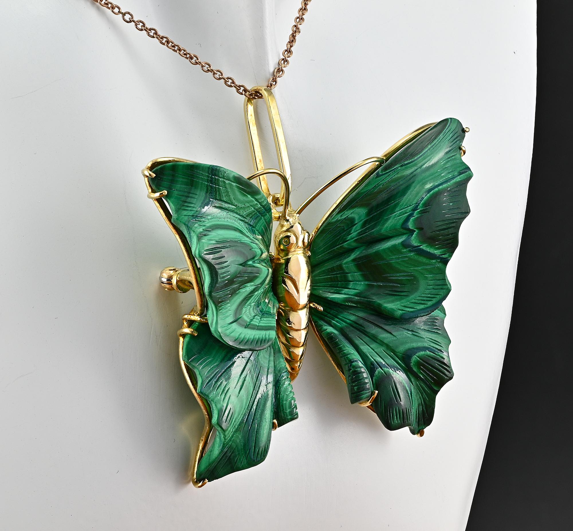 Women's or Men's Vintage Malachite Carved Butterfly 18 KT Brooch Pendant For Sale