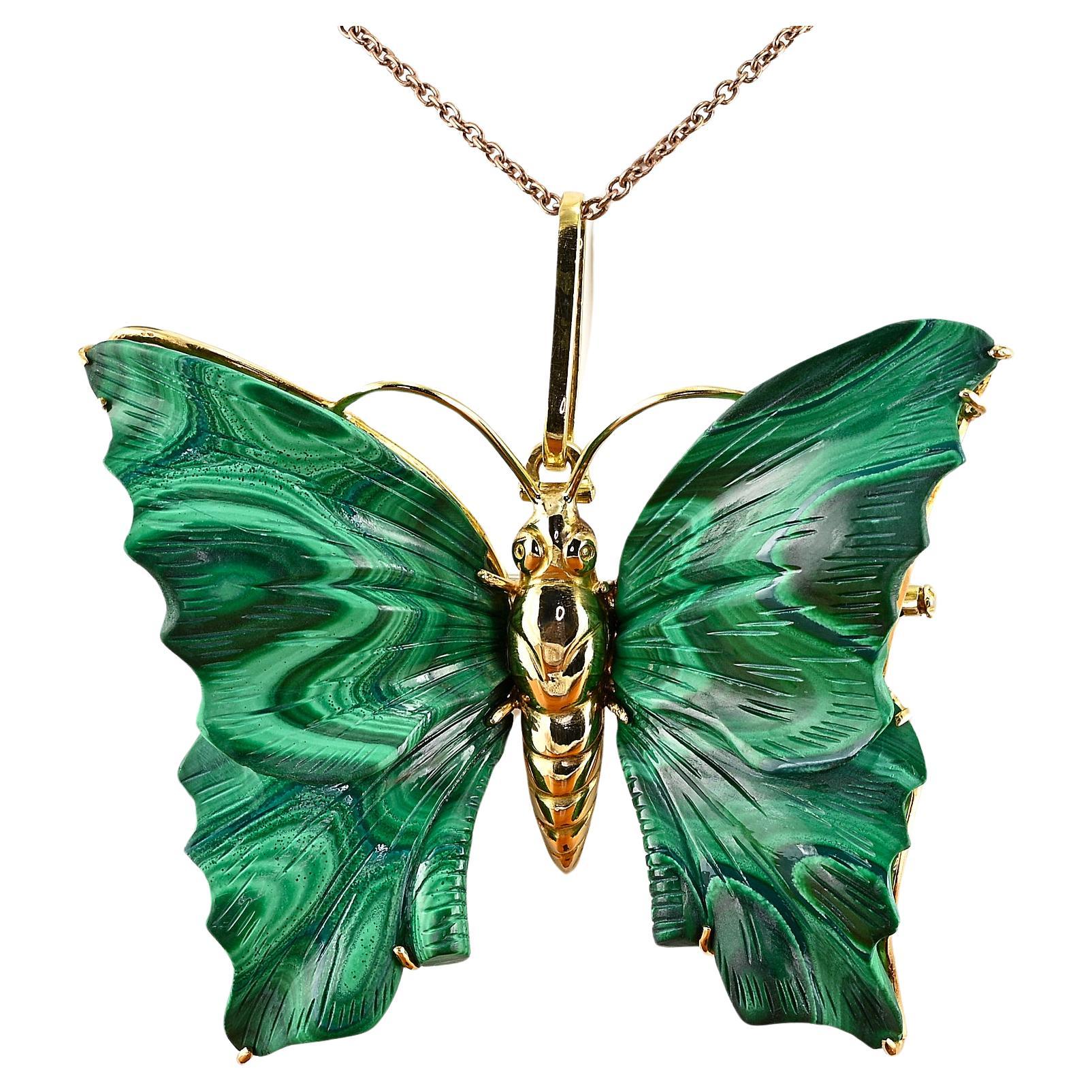 Vintage Malachite Carved Butterfly 18 KT Brooch Pendant For Sale