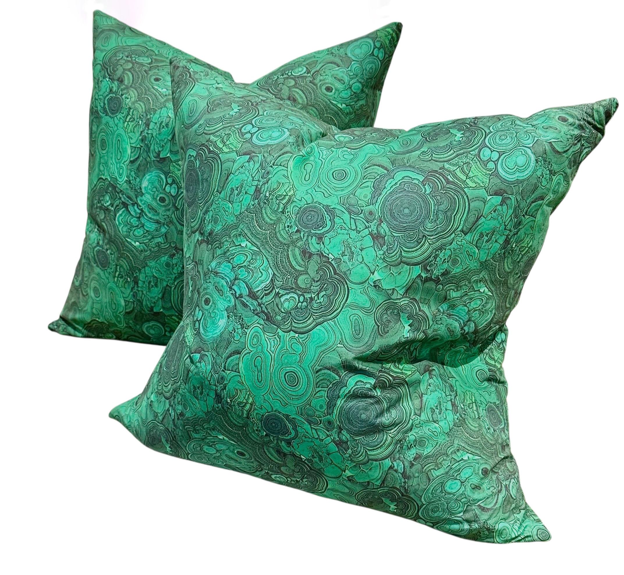 A striking pair of custom made vintage pillows in a bold malachite green pattern, dating to the 1980s. The fabric is rich in tone and texture, is all cotton and remains in exceptional condition.

Each pillow features a discreet zipper closure and is