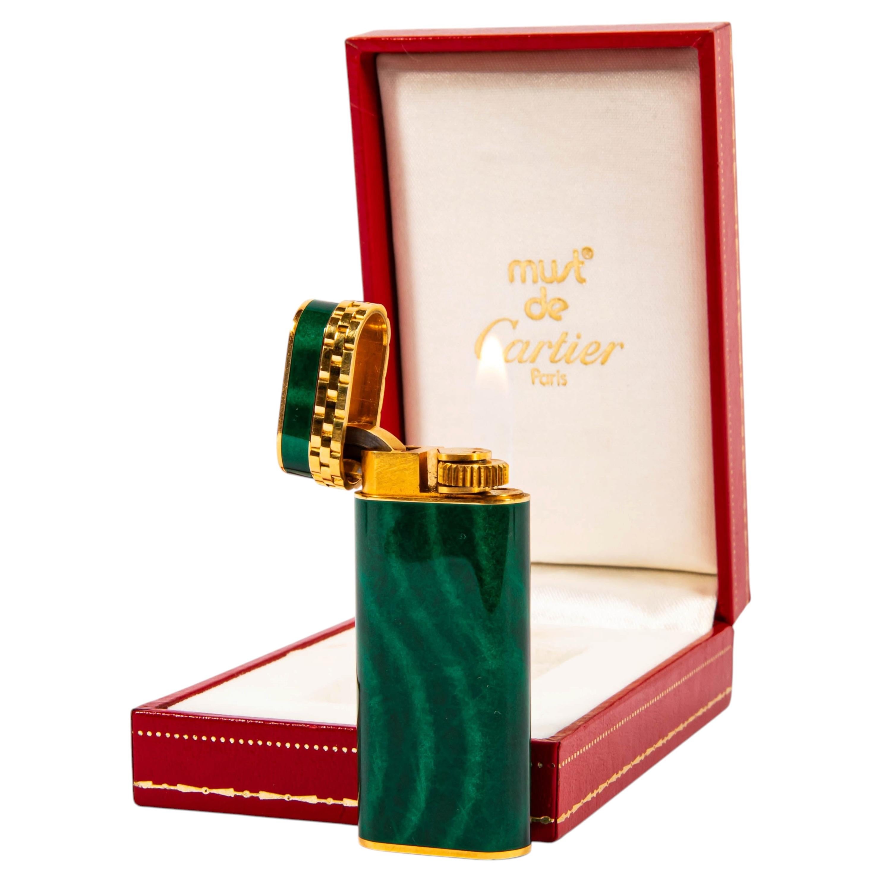 Vintage Malachite Lacquered Cartier Les Must Mini Lighter in Box 1990s For Sale