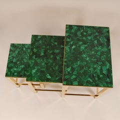 Vintage Malachite Marble Green Gold Gilded Brass End Nest Tables Coffee Table