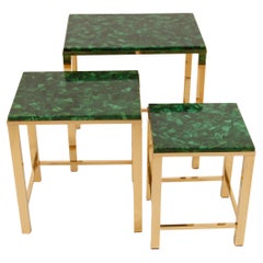 Vintage Malachite Marble Green Gold Gilded Brass End Nest Tables Coffee Table