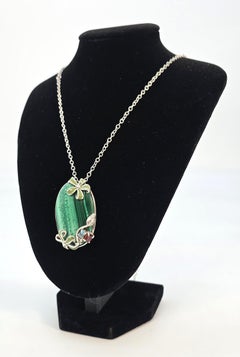 Vintage malachite silver and enamel pendant - necklace circa 1950