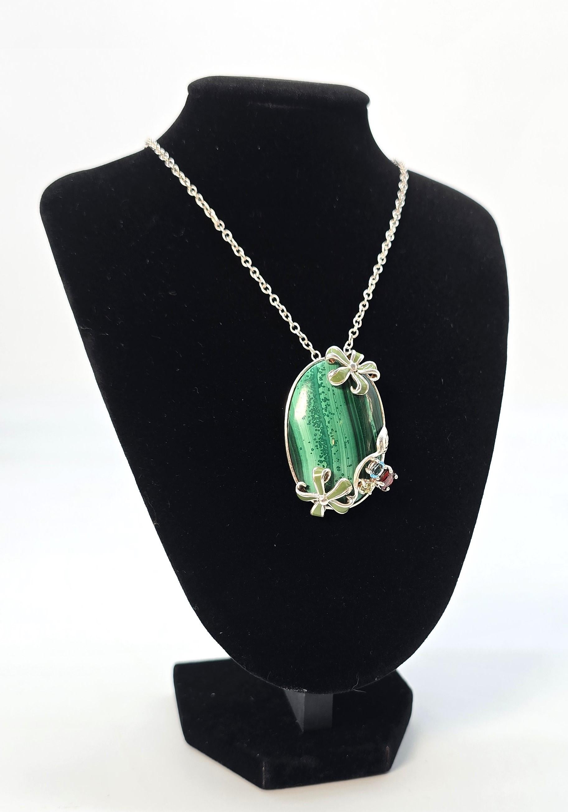 Argento Ciondolo d'epoca in malachite e smalto - collana circa 1950 in vendita