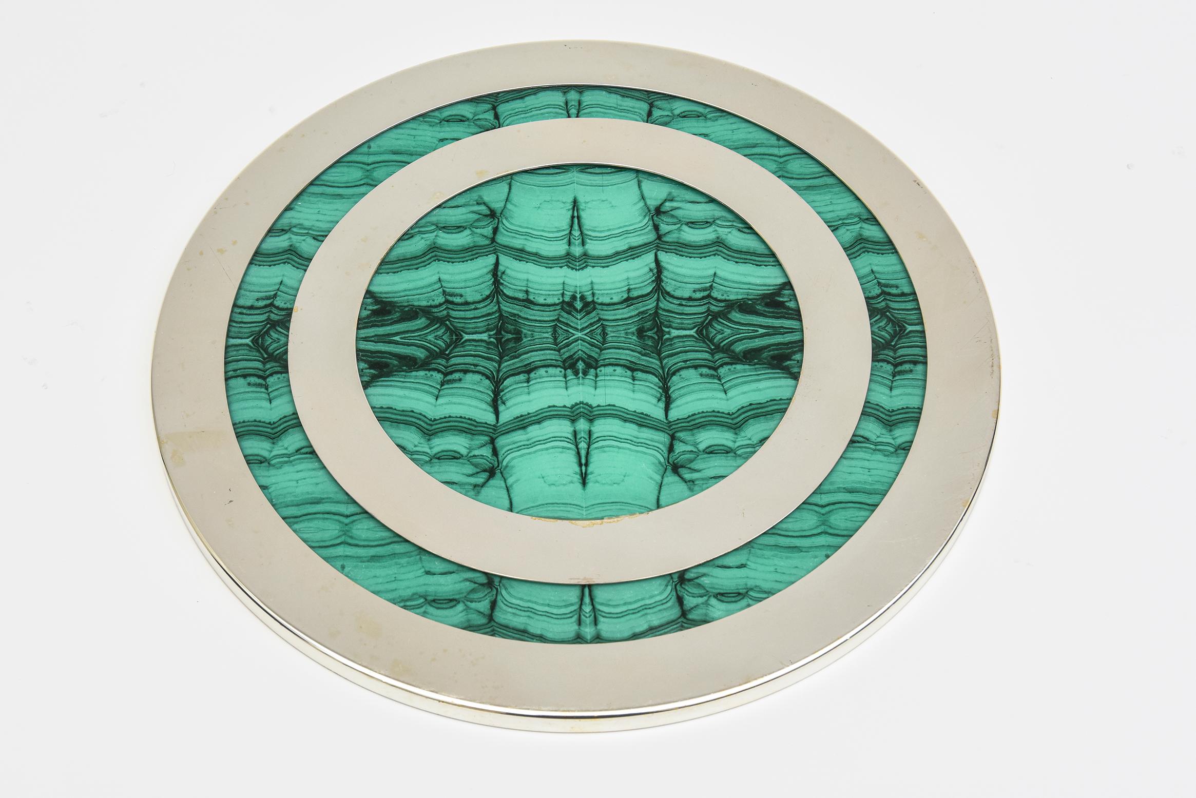  Vintage Malachite, Wood and Chrome Round Tray Barware For Sale 6