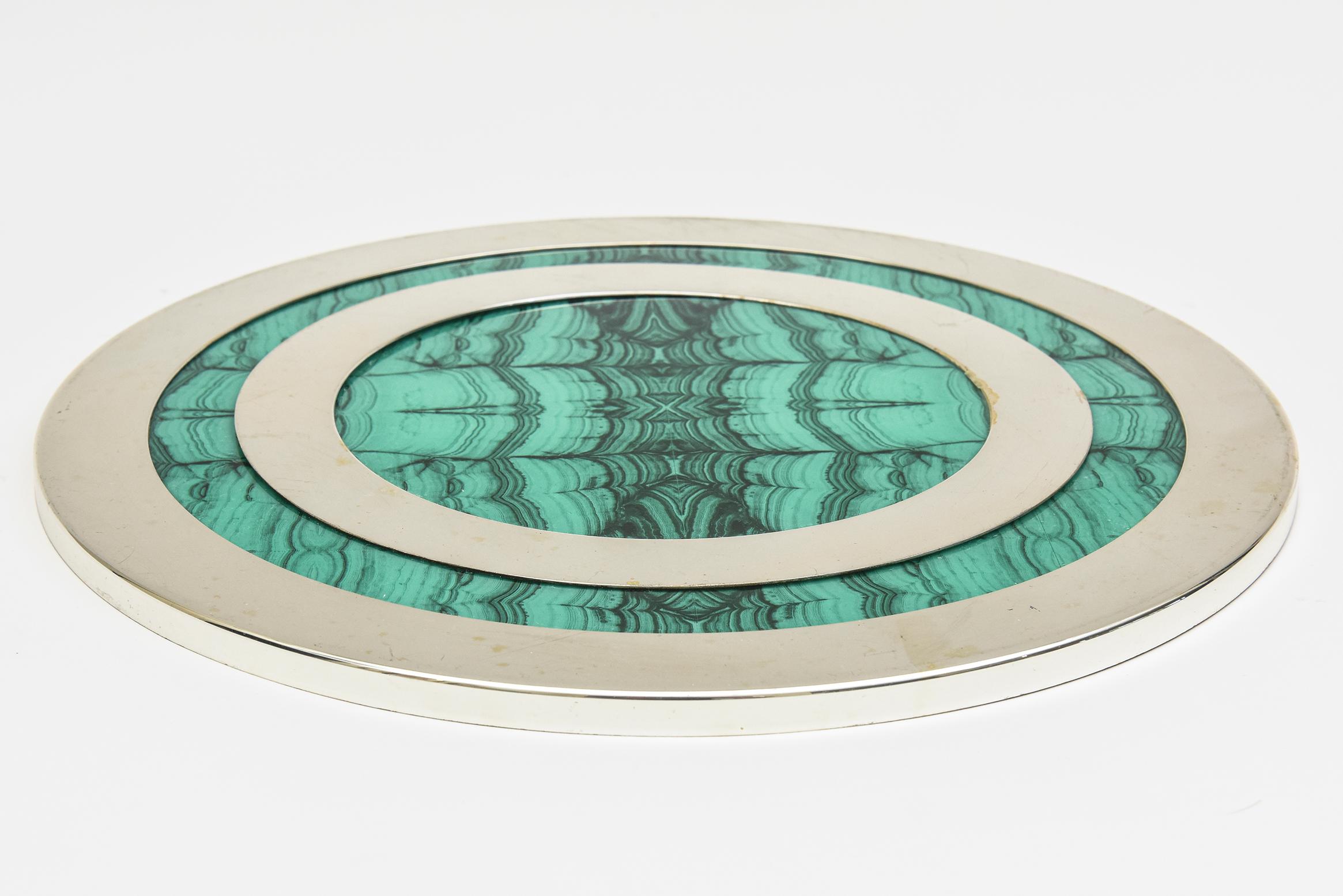 American  Vintage Malachite, Wood and Chrome Round Tray Barware For Sale
