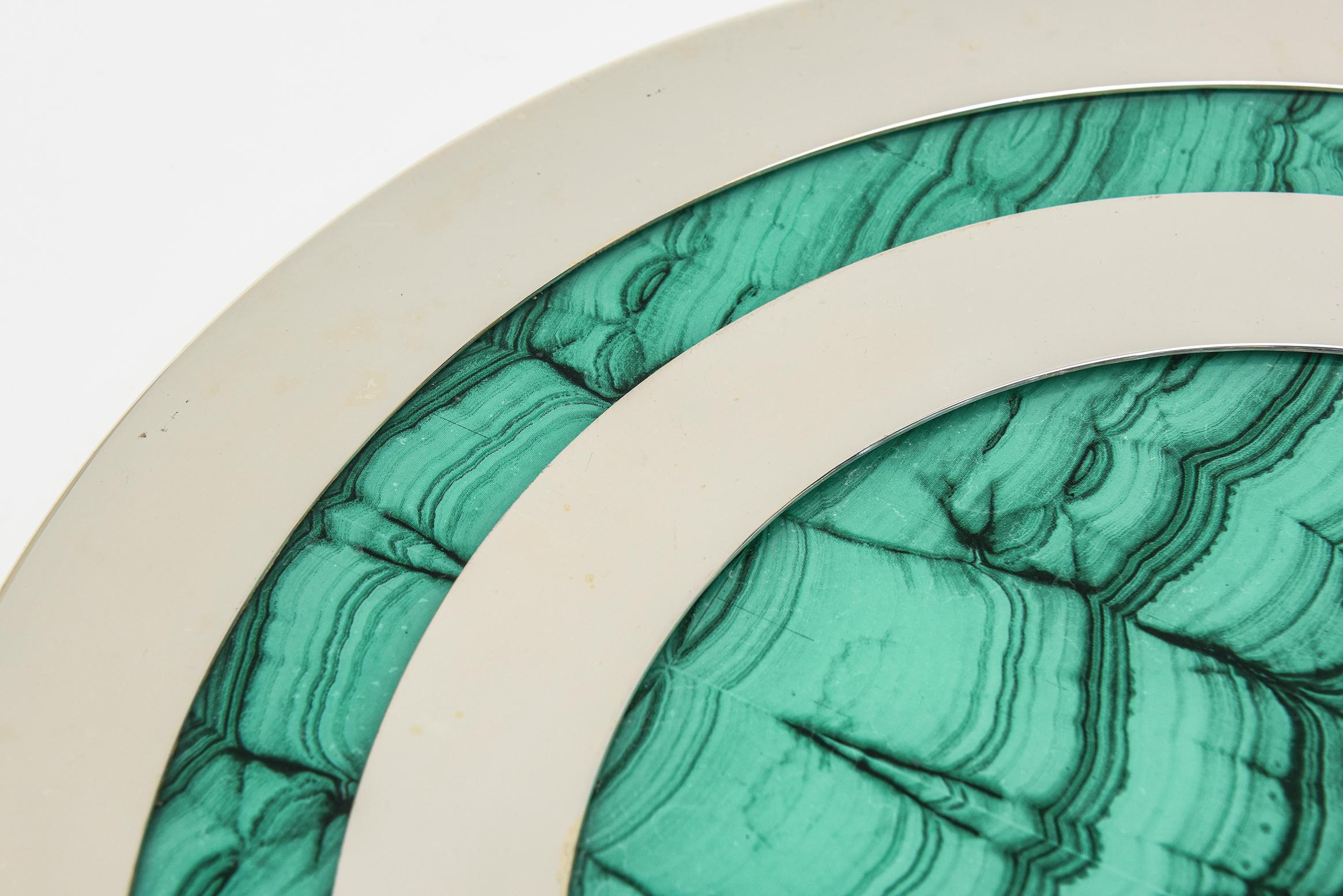 Late 20th Century  Vintage Malachite, Wood and Chrome Round Tray Barware For Sale