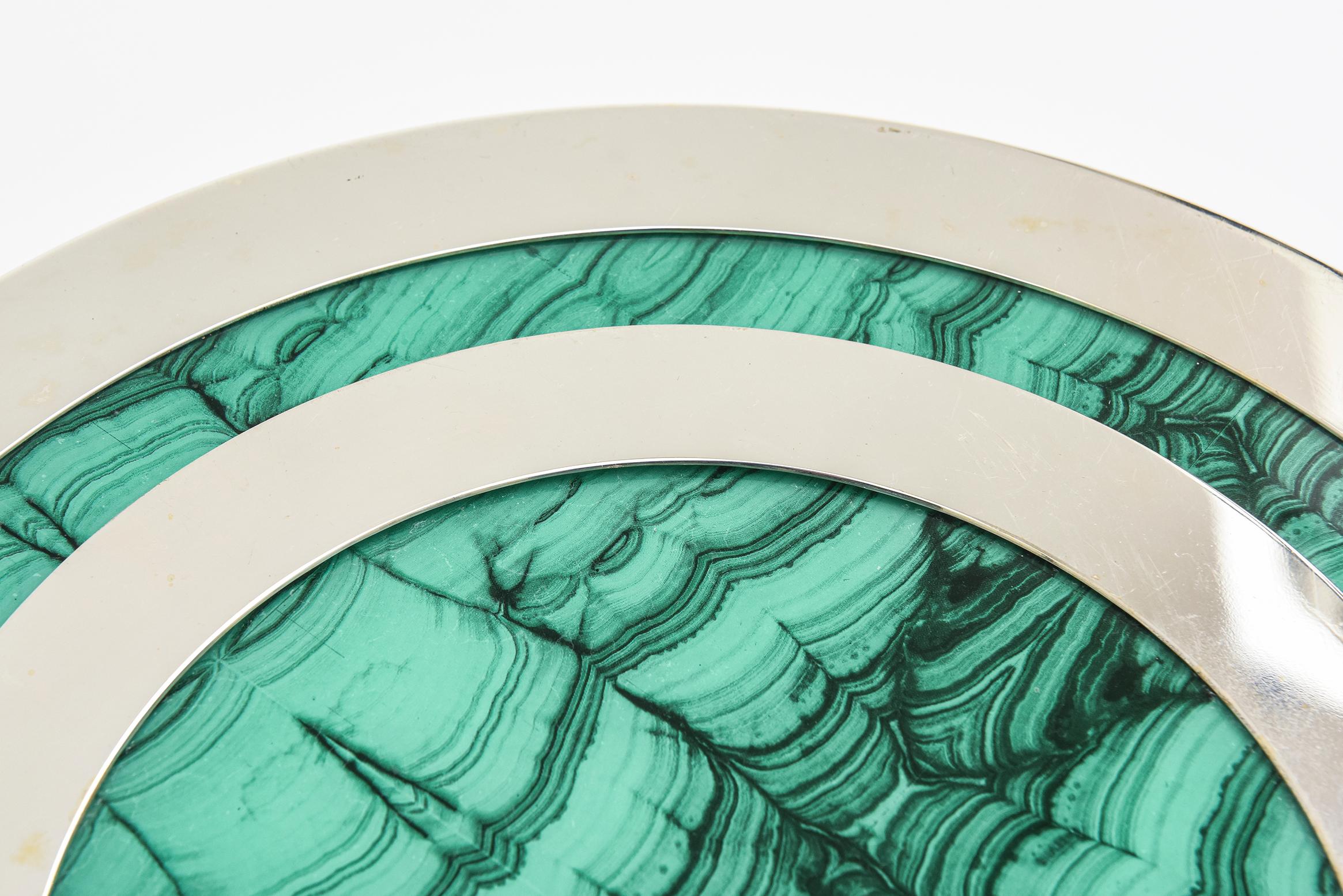  Vintage Malachite, Wood and Chrome Round Tray Barware For Sale 1