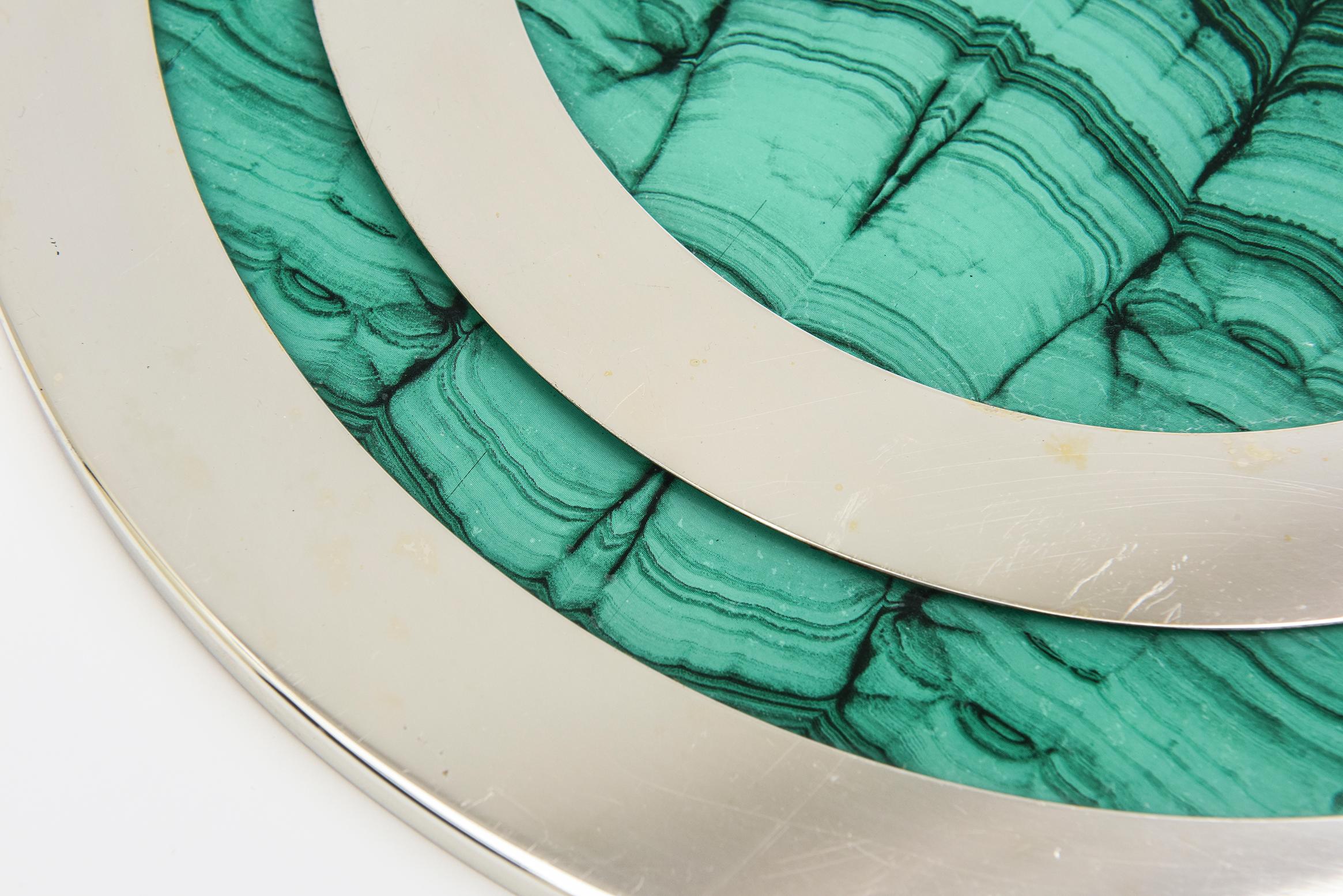  Vintage Malachite, Wood and Chrome Round Tray Barware For Sale 3