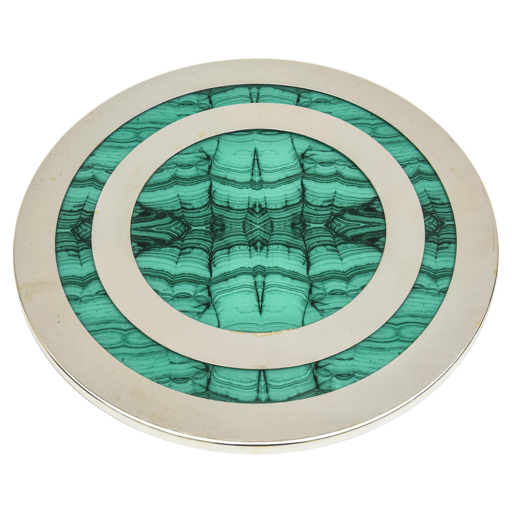  Vintage Malachite, Wood and Chrome Round Tray Barware For Sale