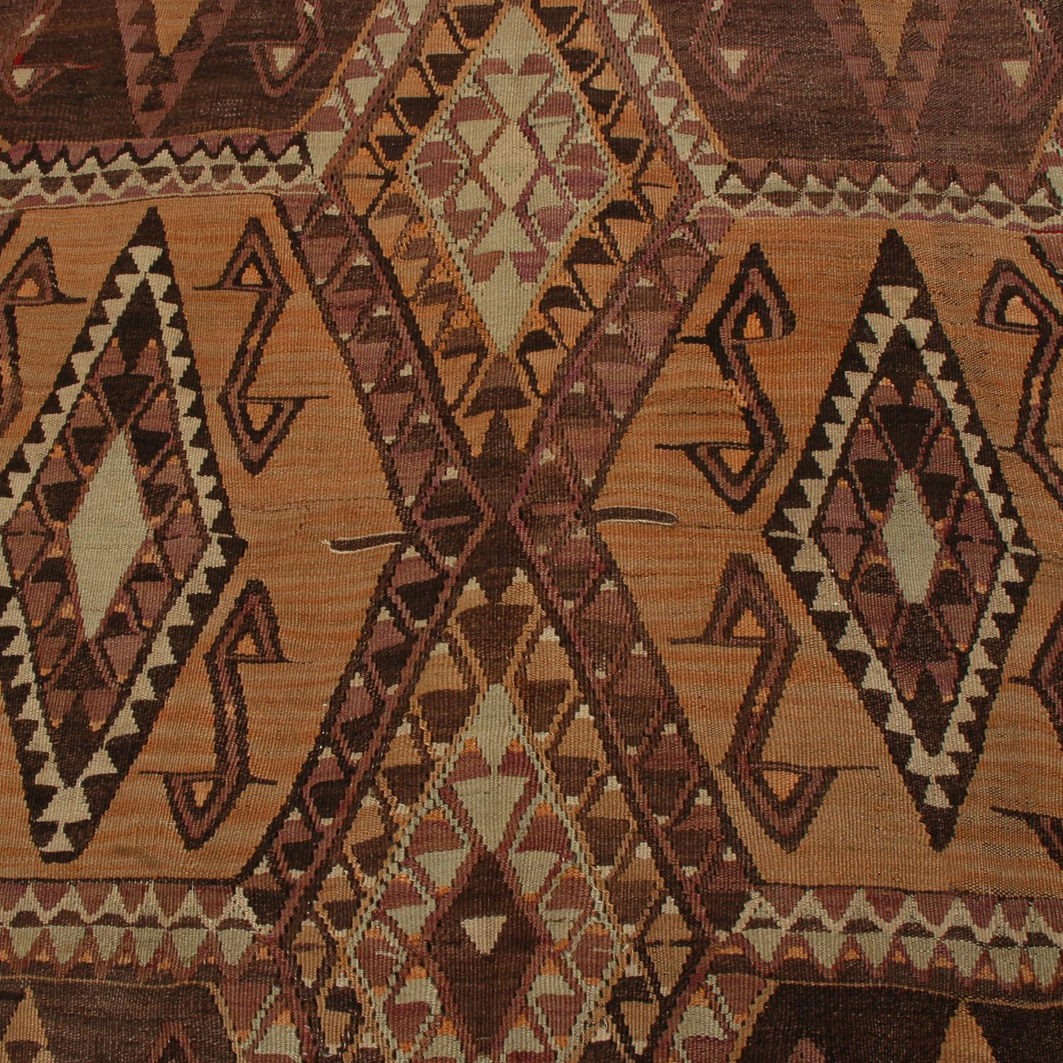 Turkish Vintage Malatya Geometric Beige Brown Wool Kilim Rug