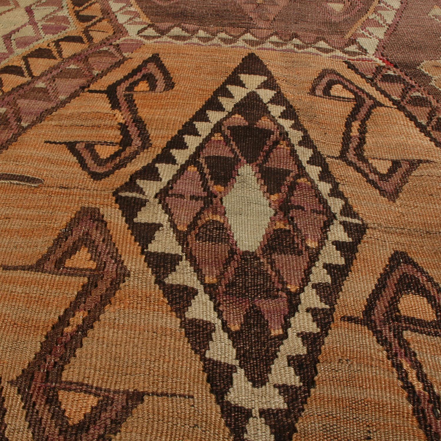 Hand-Woven Vintage Malatya Geometric Beige Brown Wool Kilim Rug