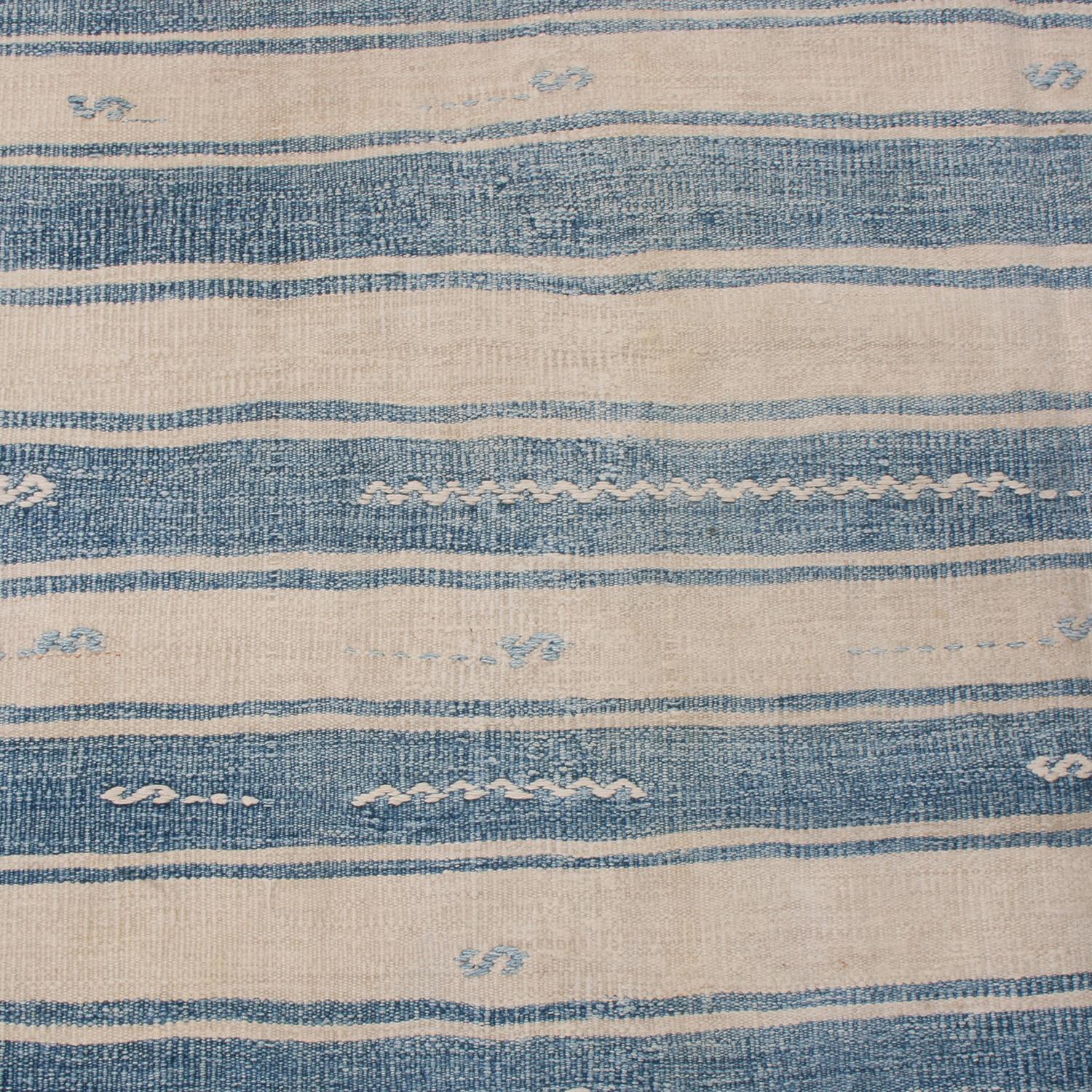 Hand-Woven Vintage Malatya Geometric Blue Gray Wool Kilim Runner