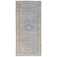 Vintage Malayer Handmade Medallion Blue and Beige Distressed Wool Runner