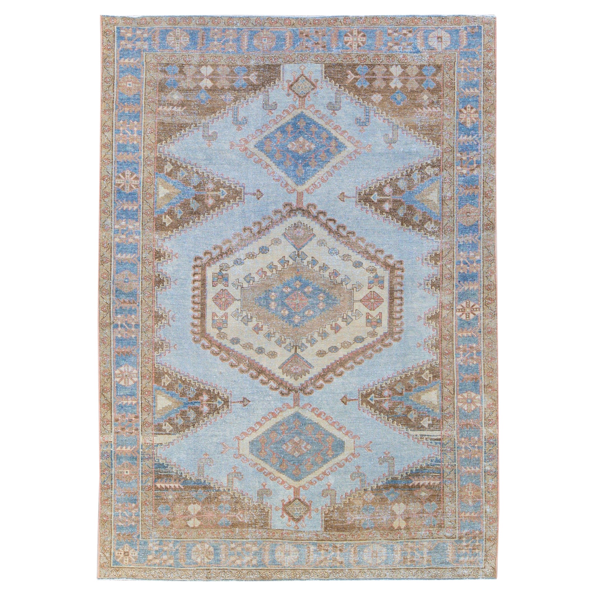 Tapis vintage Malayer en laine bleue à motif de médaillon, fait à la main en vente