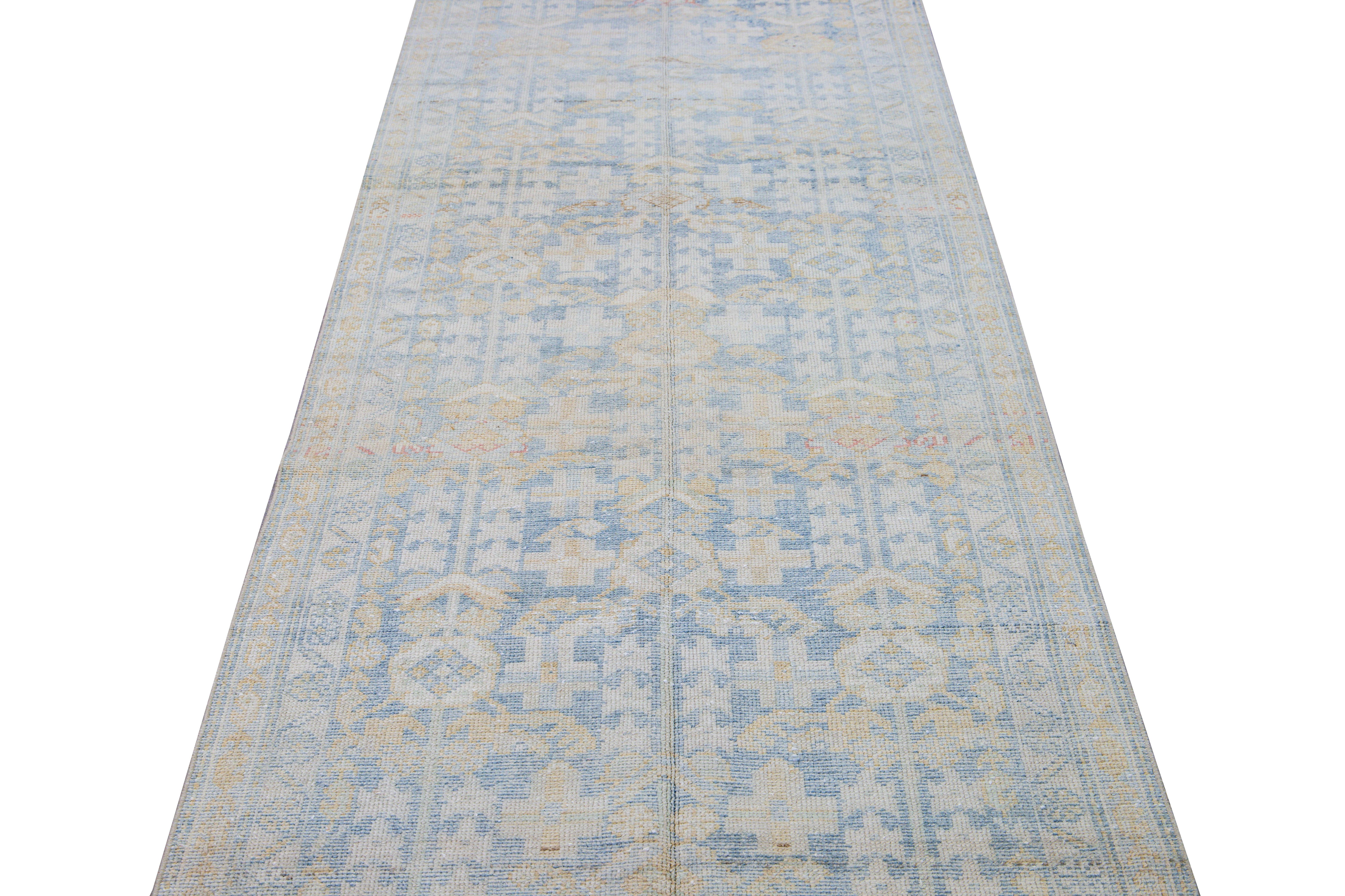 Islamic Vintage Malayer Handmade Medallion Floral Distressed Blue Wool Runner For Sale