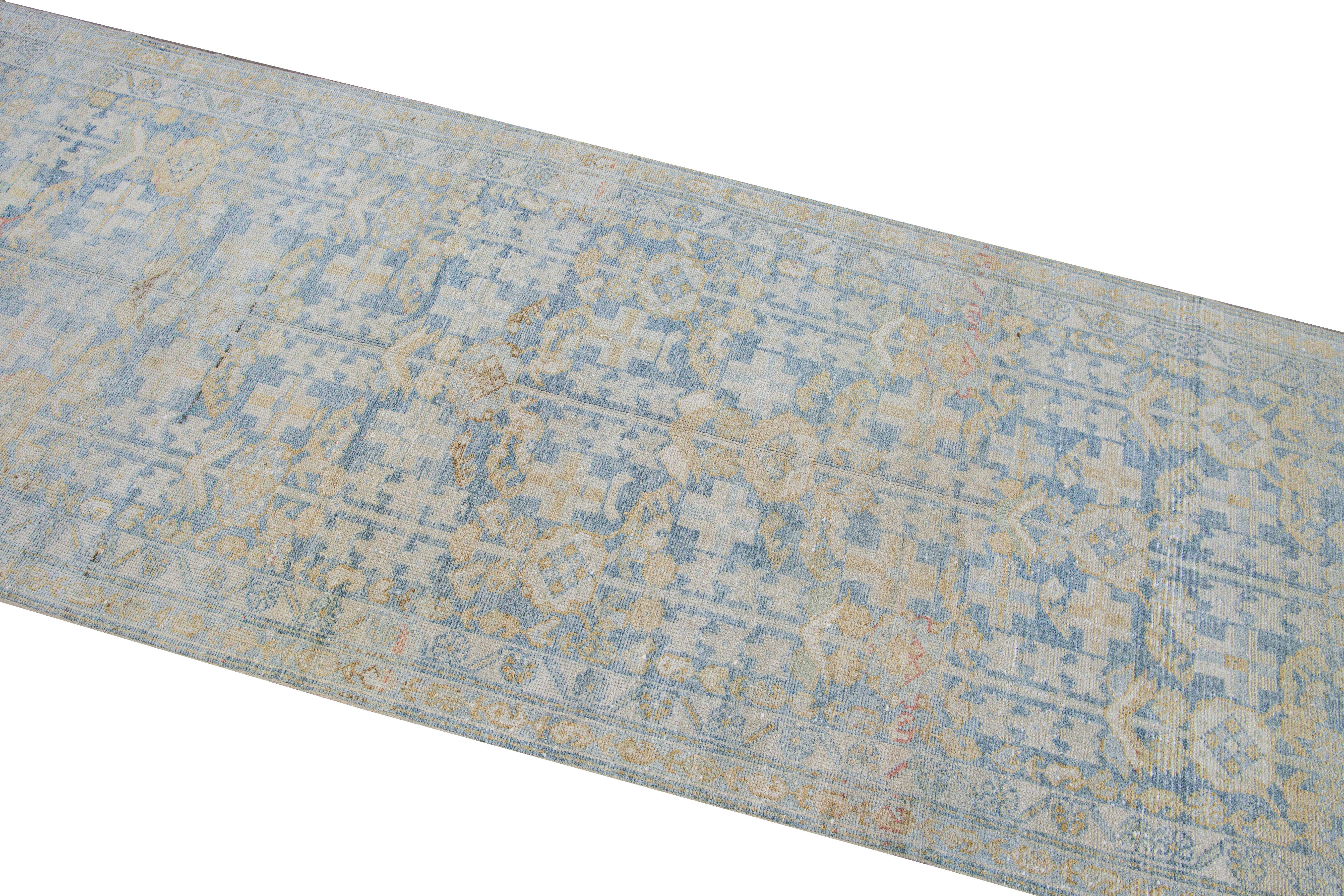 Hand-Knotted Vintage Malayer Handmade Medallion Floral Distressed Blue Wool Runner For Sale