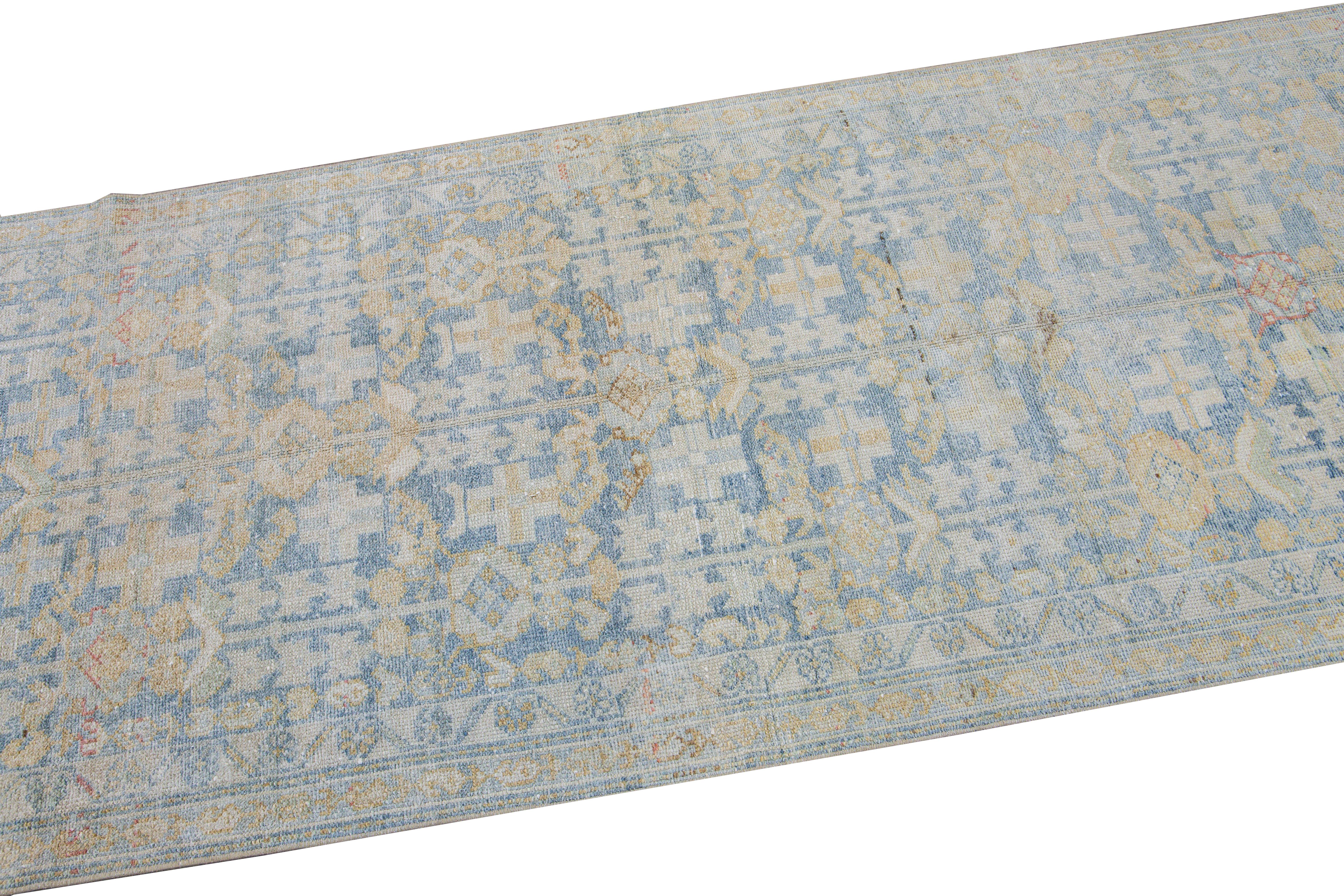 Early 20th Century Vintage Malayer Handmade Medallion Floral Distressed Blue Wool Runner For Sale