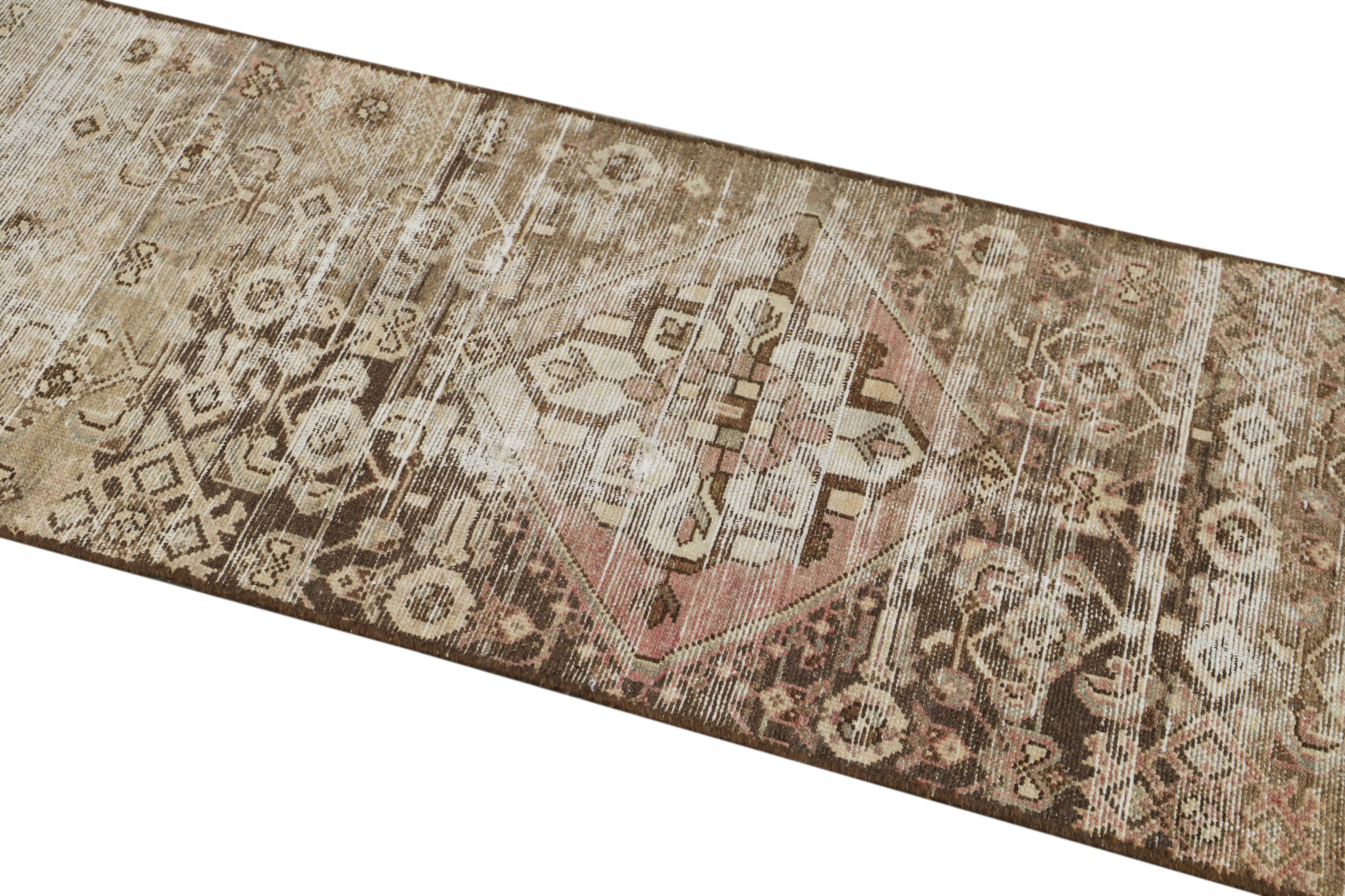 Hand-Knotted Vintage Malayer Handmade Medallion Floral Distressed Brown Wool Runner For Sale