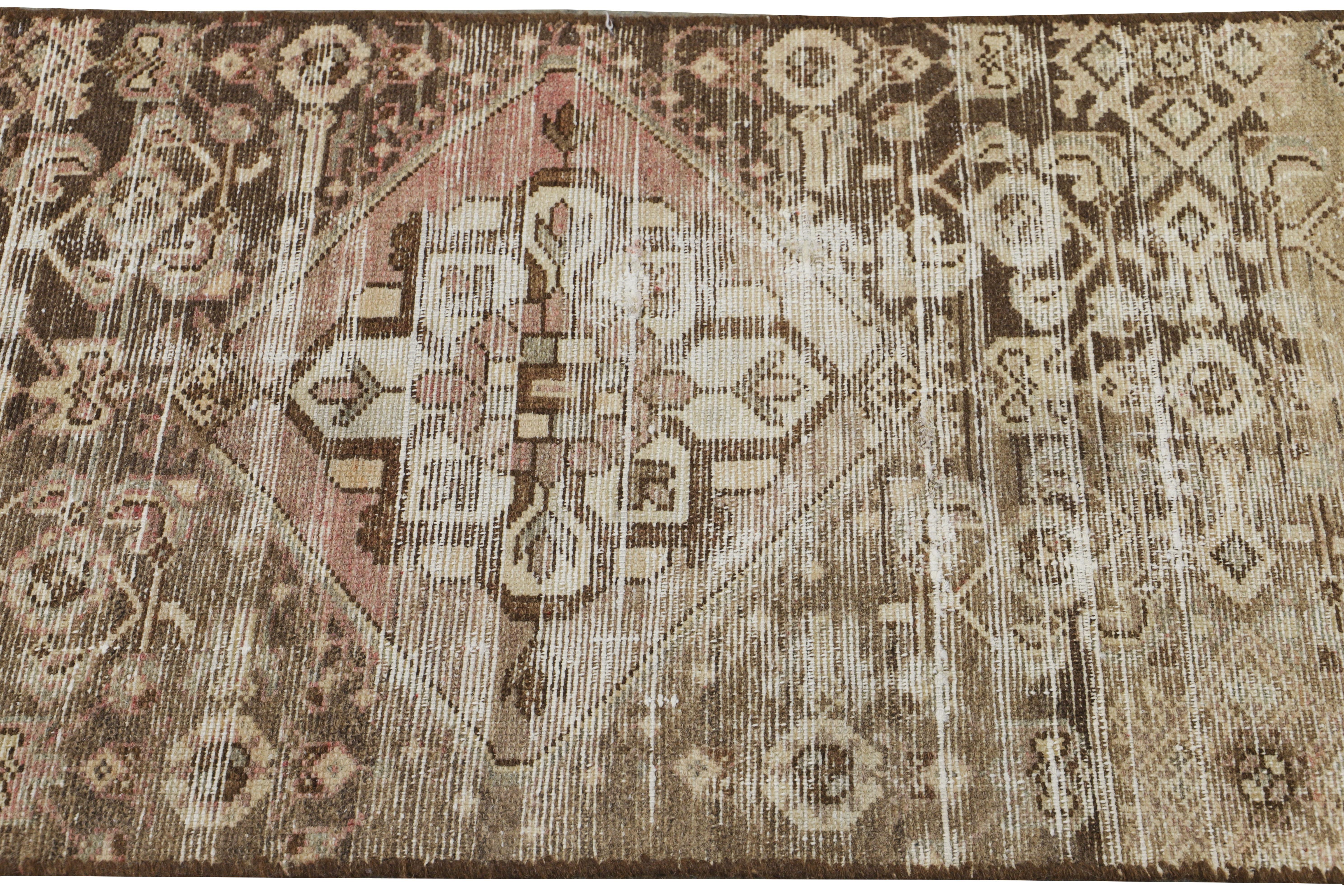 Vintage Malayer Handmade Medallion Floral Distressed Brown Wool Runner In Distressed Condition For Sale In Norwalk, CT