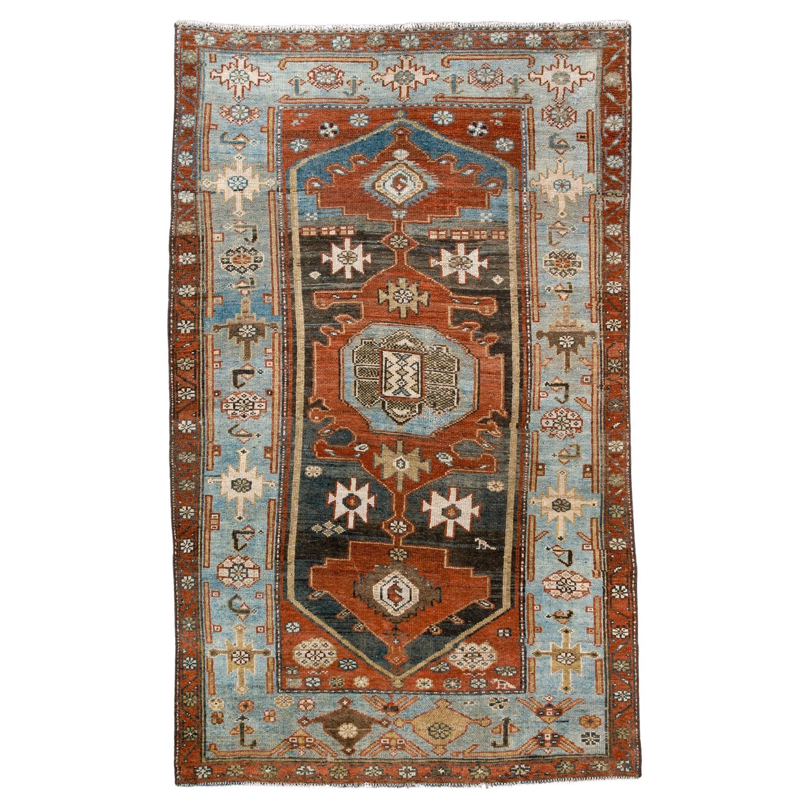 Vintage Malayer Rug with Red Field and a Blue Border