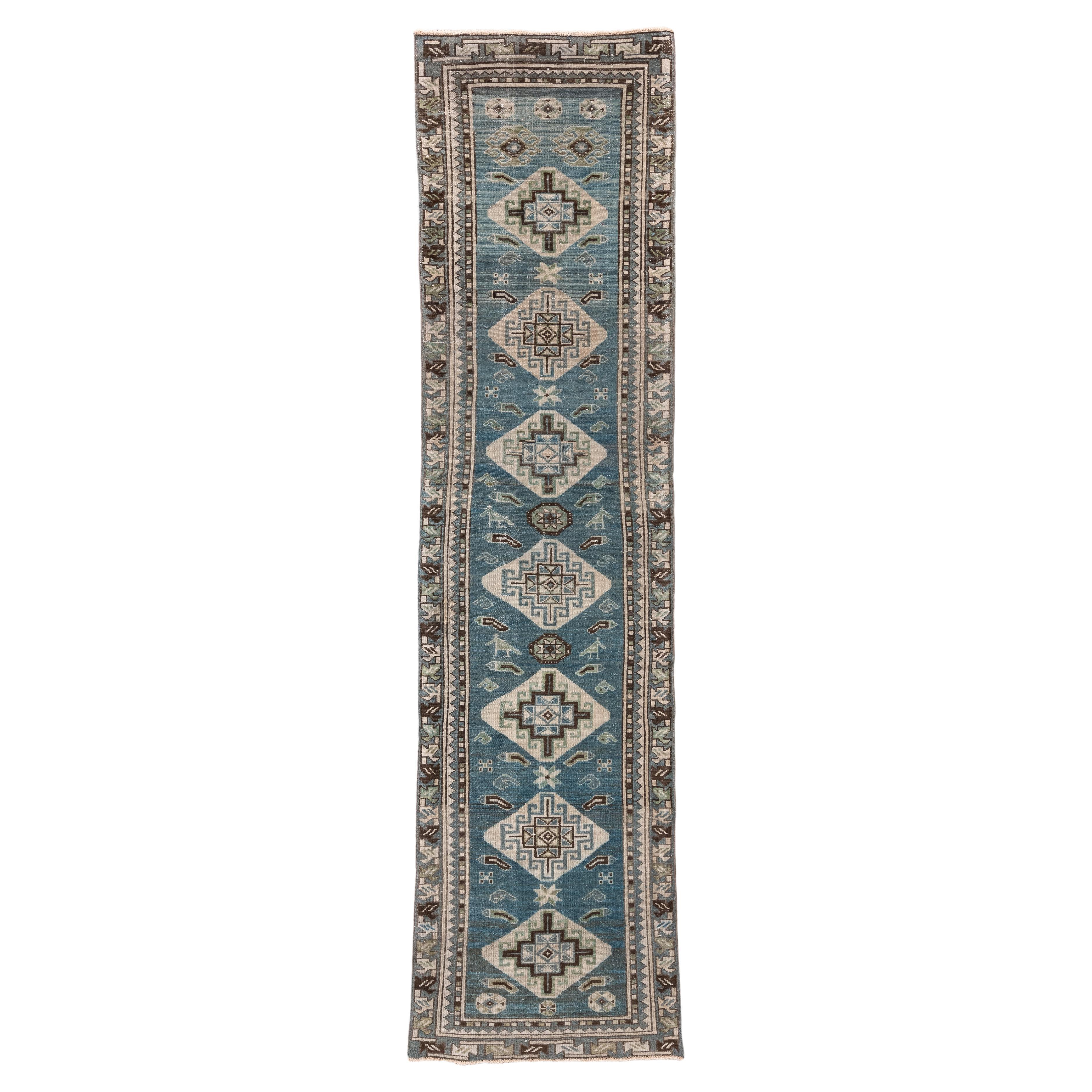 Vintage Malayer Runner in Blue with Geometric Medallions