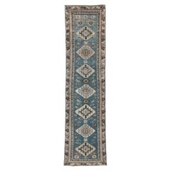 Vintage Malayer Runner in Blue with Geometric Medallions