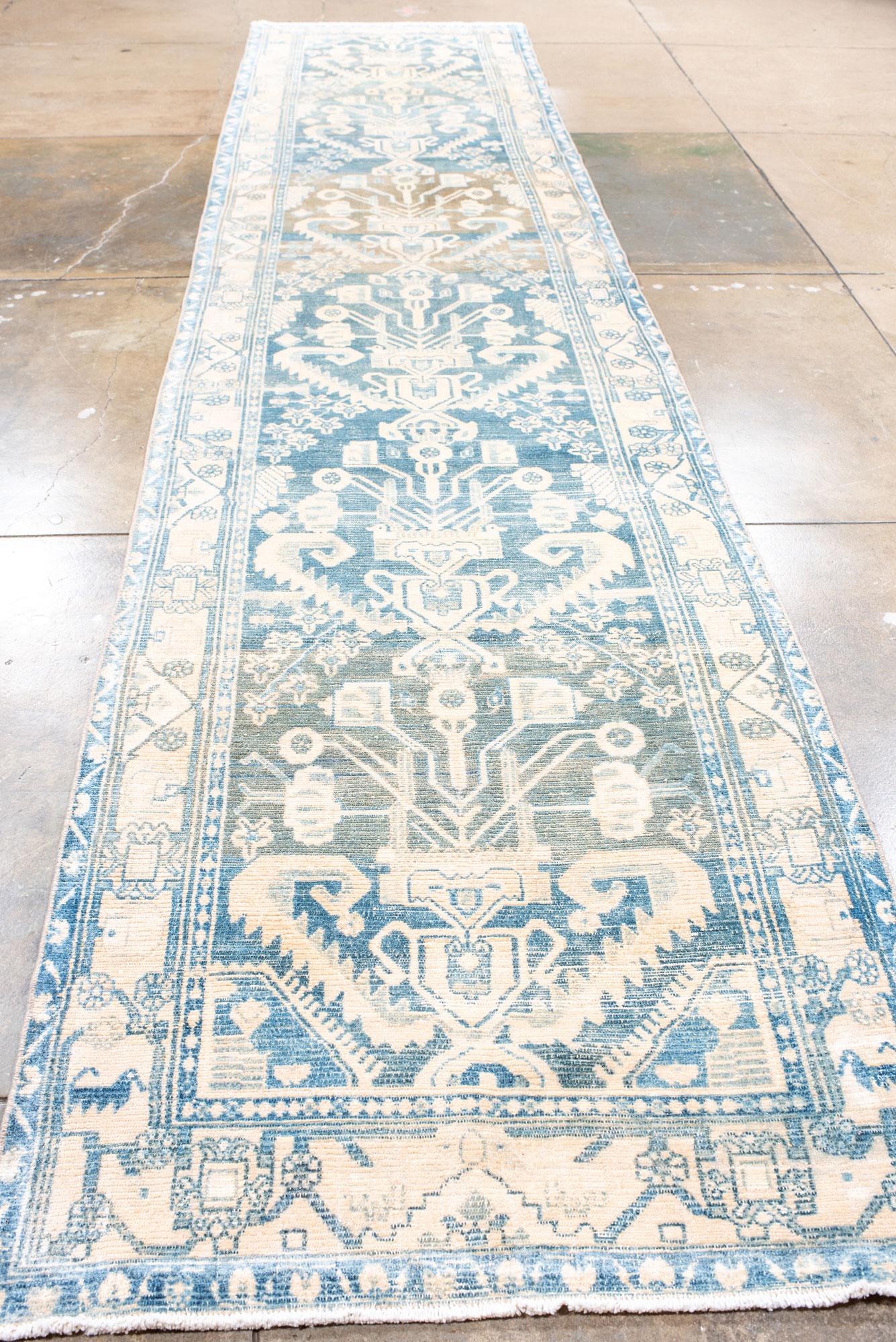 Persian Vintage Malayer Runner with Floral Design and Light Blue Details For Sale