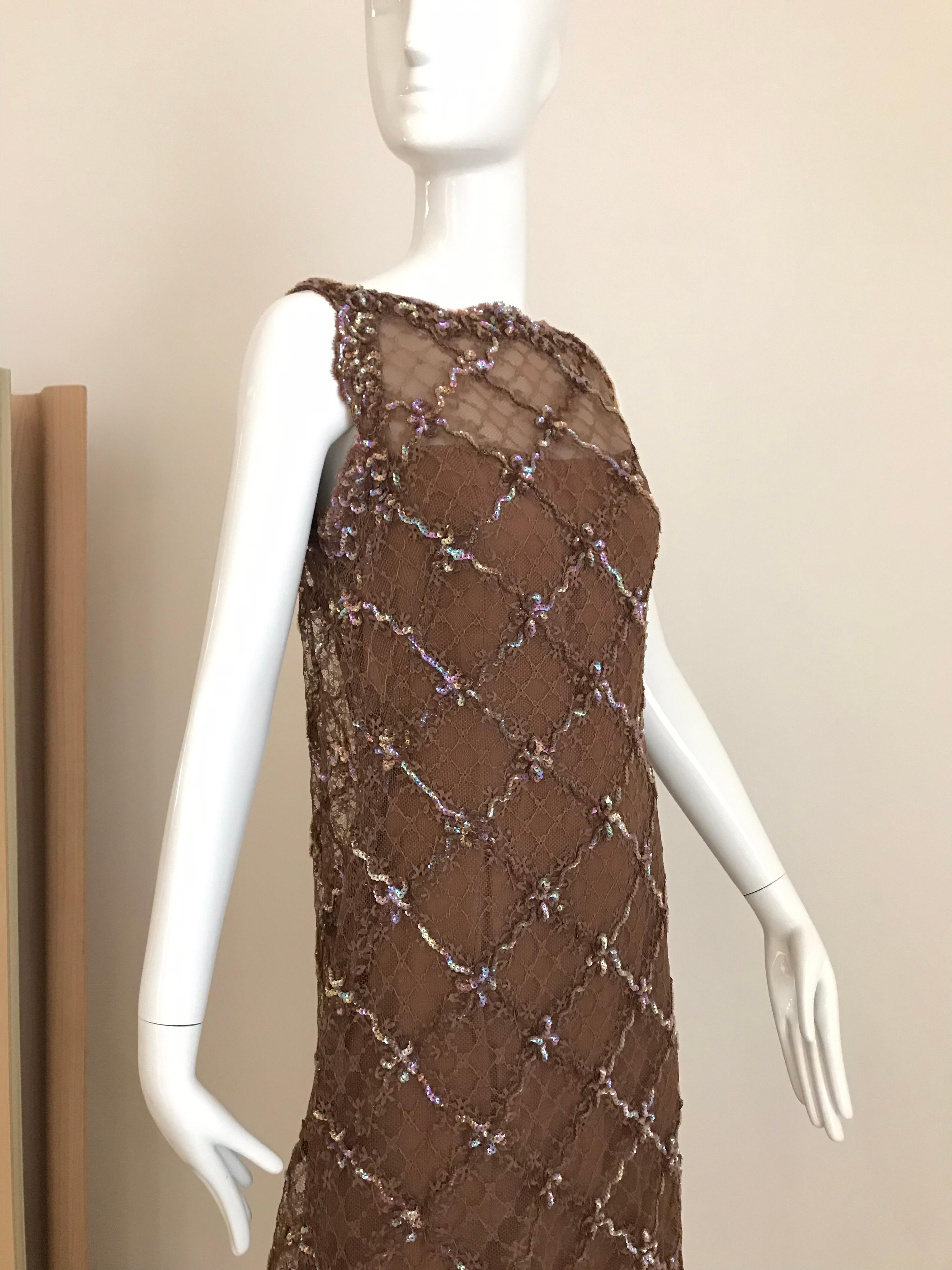 Vintage Malcolm Starr Mocha Brown Lace Maxi Cocktail Dress In Good Condition For Sale In Beverly Hills, CA