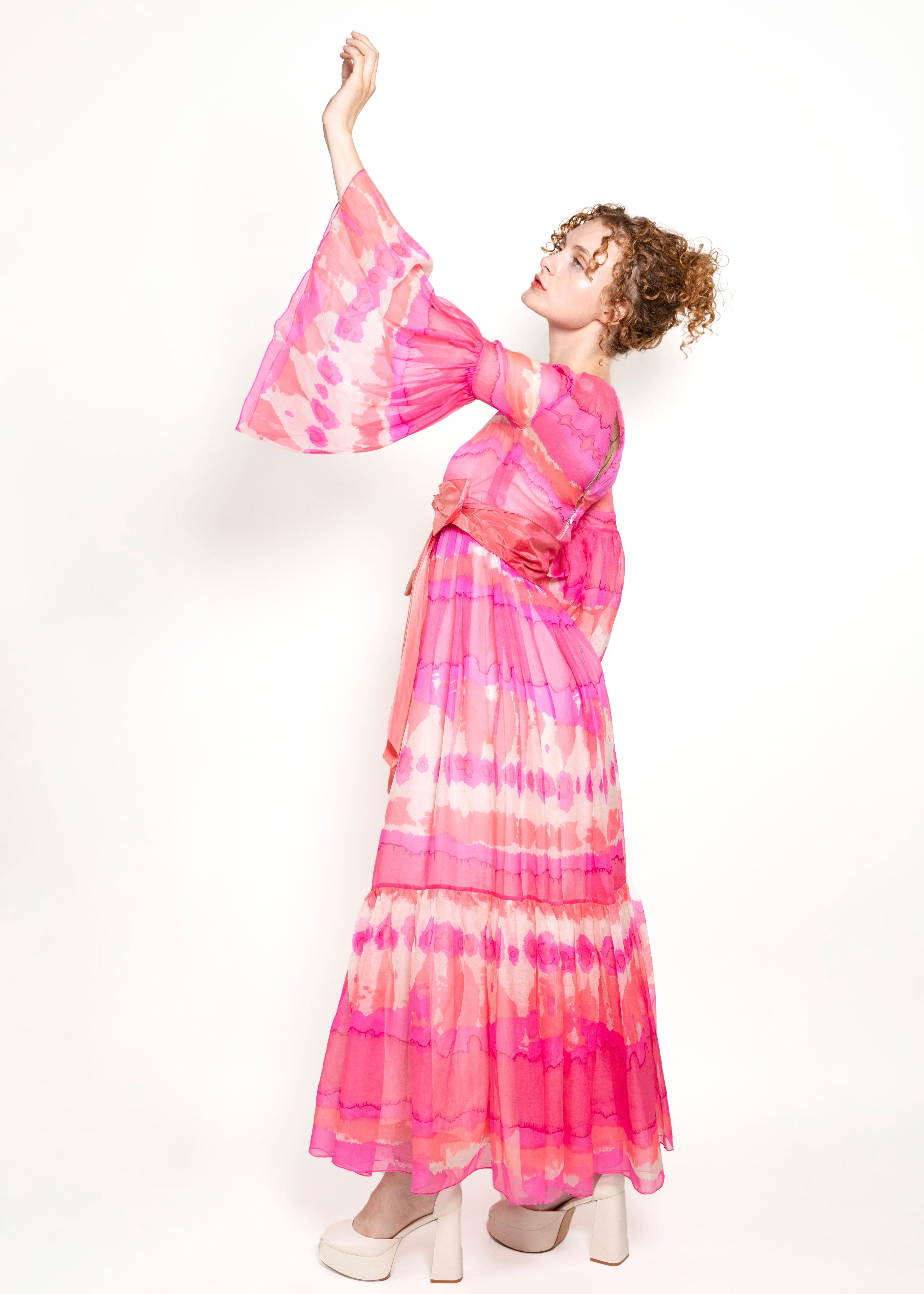 Women's Vintage Malcom Starr Pink Chiffon Bell Sleeve Dress For Sale