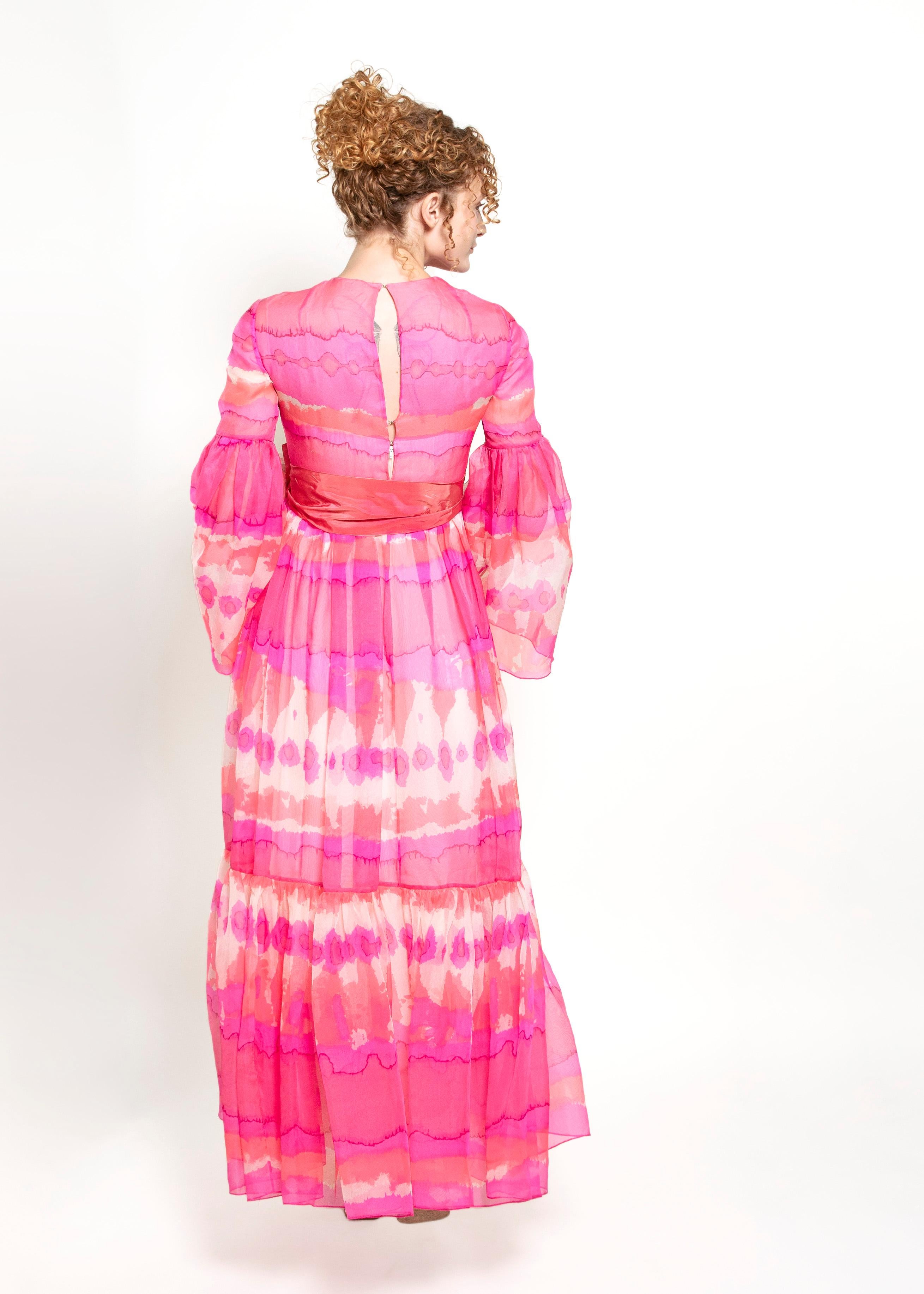 Vintage Malcom Starr Pink Chiffon Bell Sleeve Dress For Sale 1