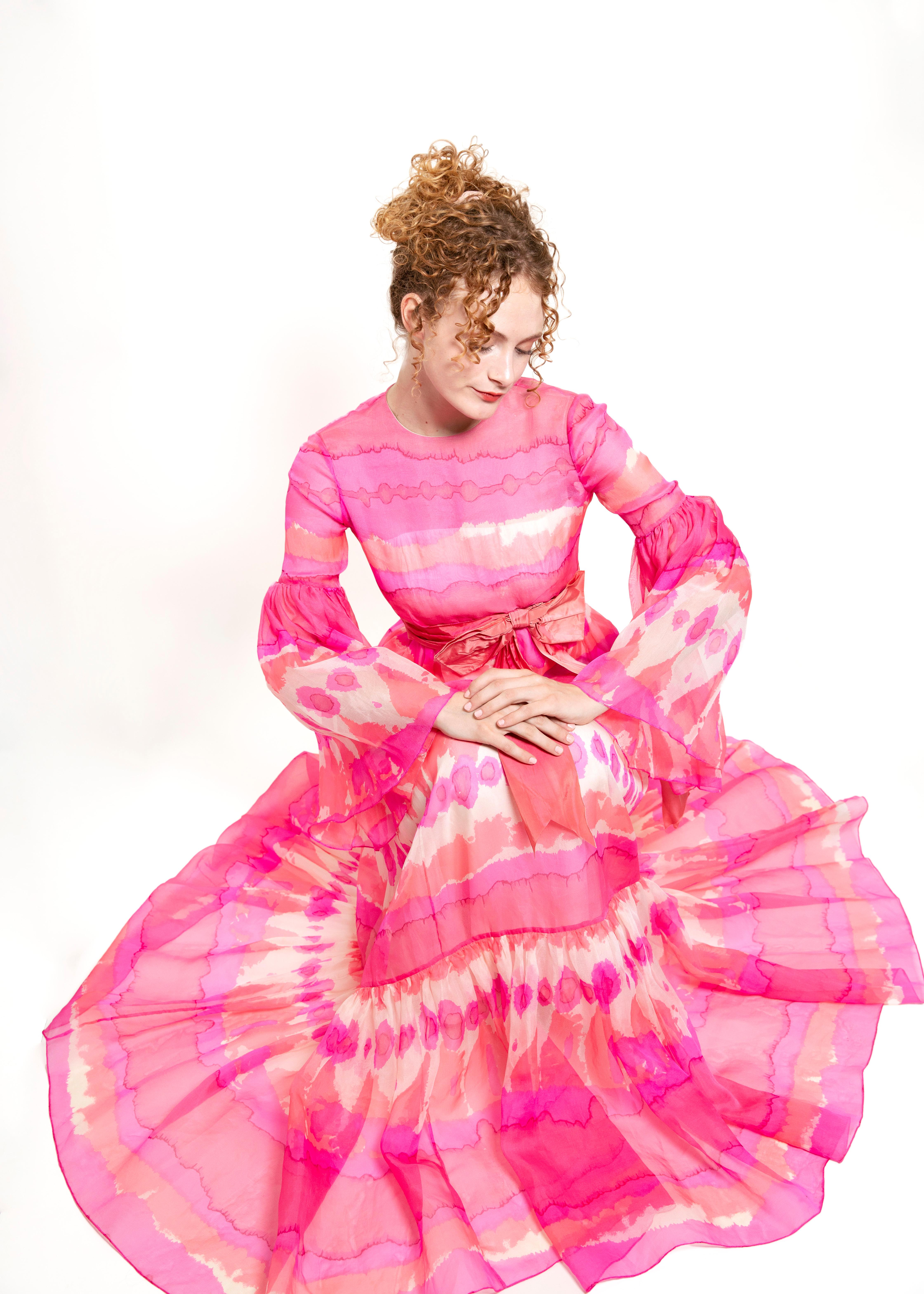 Vintage Malcom Starr Pink Chiffon Bell Sleeve Dress For Sale 2