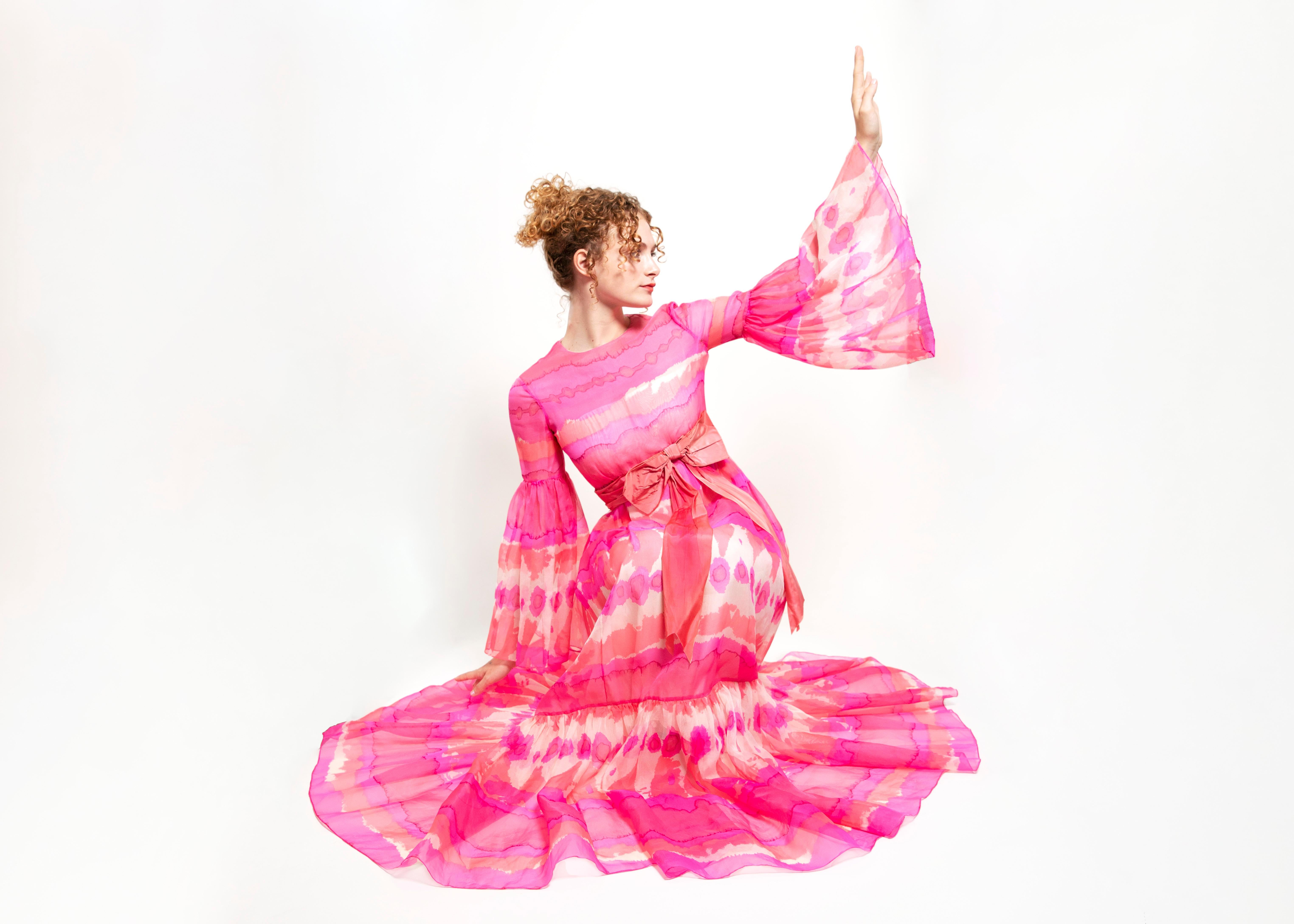 Vintage Malcom Starr Pink Chiffon Bell Sleeve Dress For Sale 3