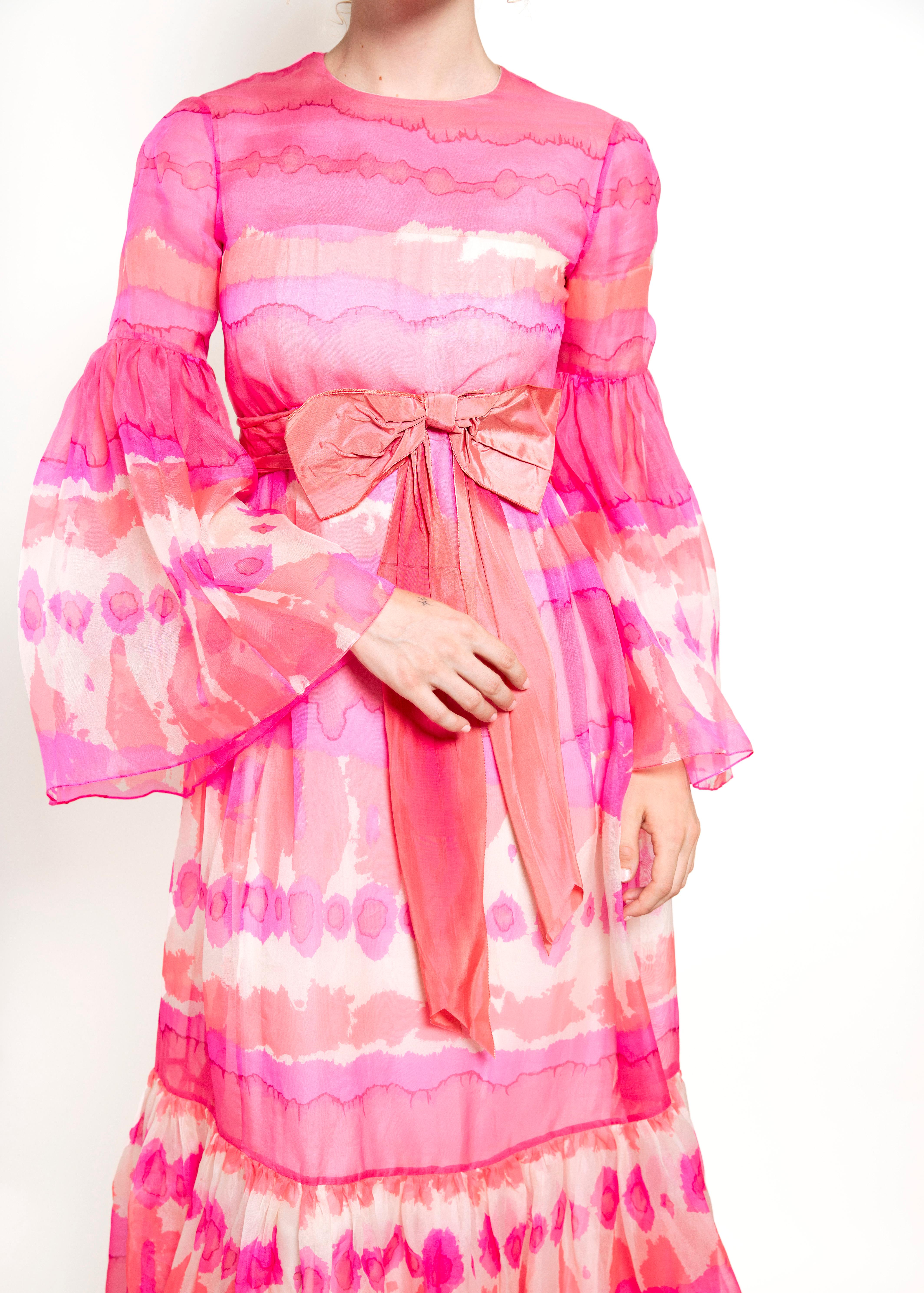 Vintage Malcom Starr Pink Chiffon Bell Sleeve Dress For Sale 4
