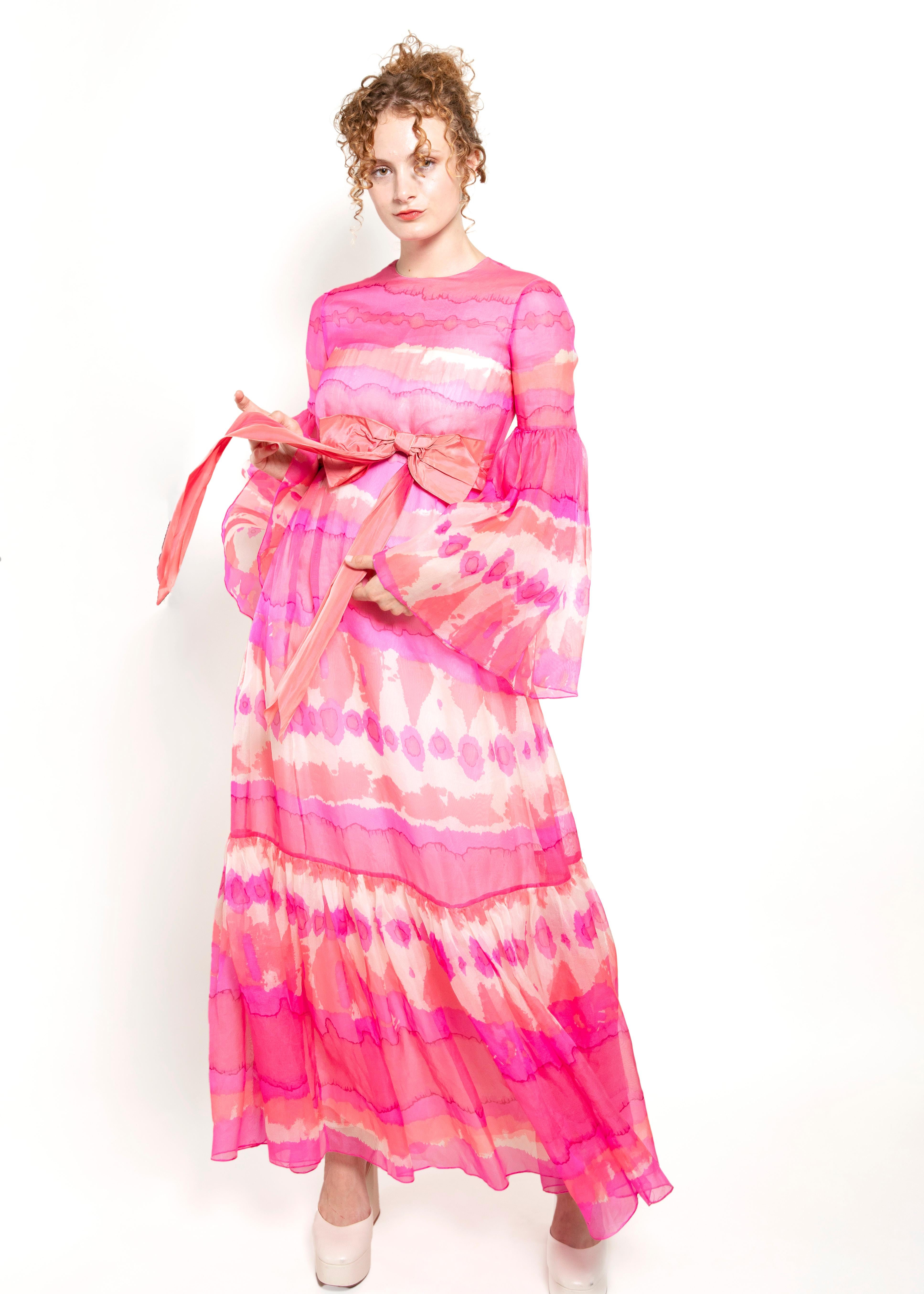 Vintage Malcom Starr Pink Chiffon Bell Sleeve Dress For Sale 5