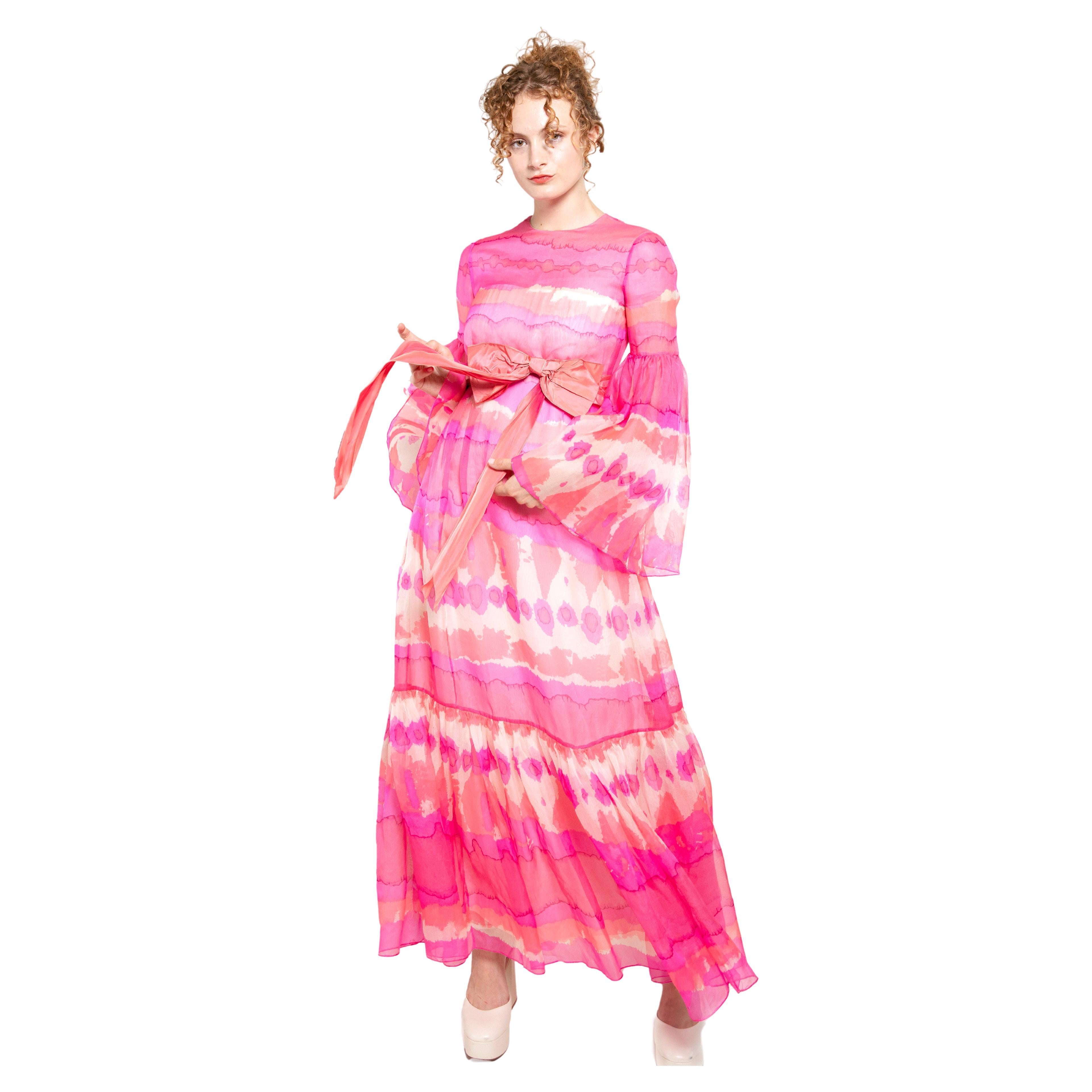 Vintage Malcom Starr Pink Chiffon Bell Sleeve Dress For Sale
