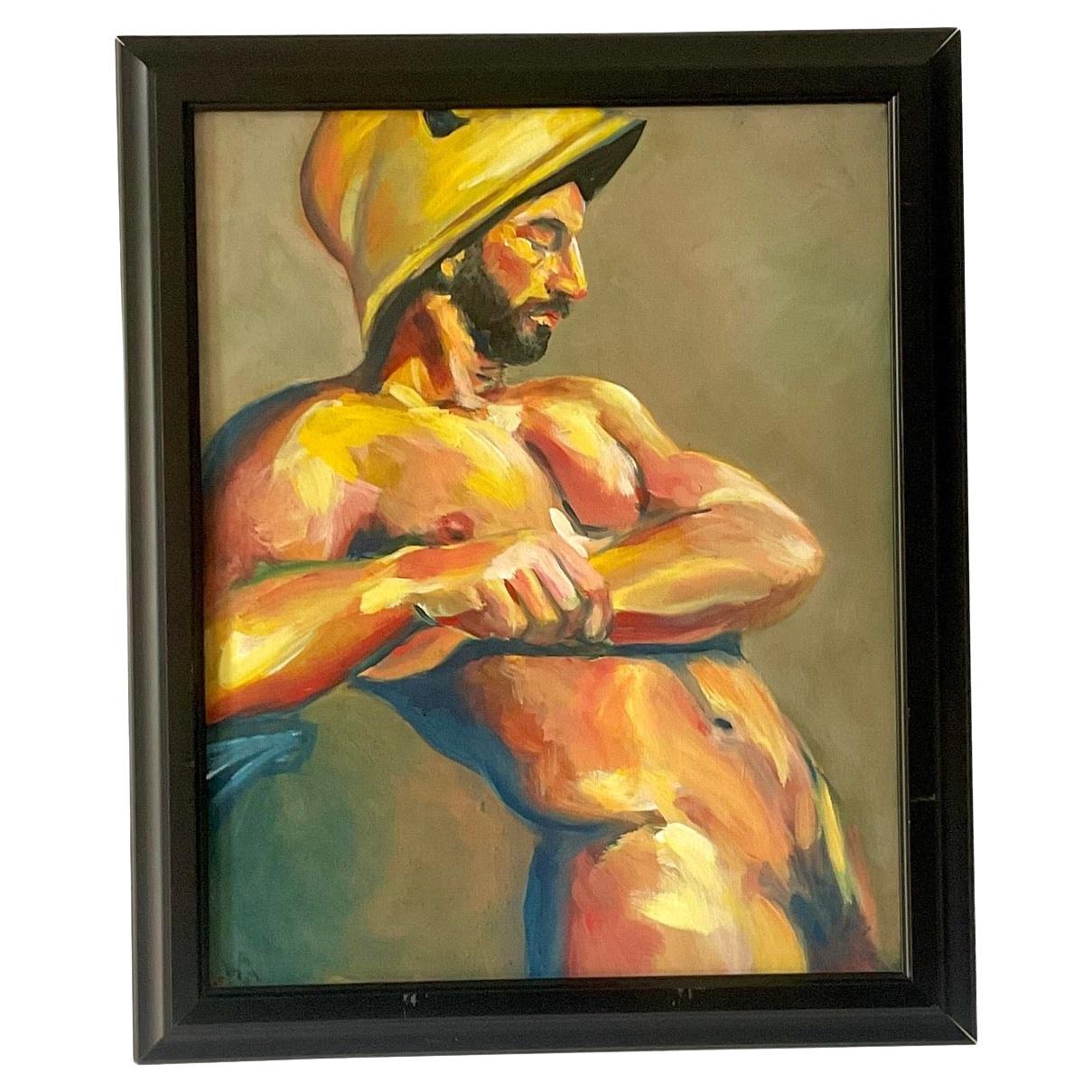 Vintage Male Nude Painting on Canvas Signed For Sale