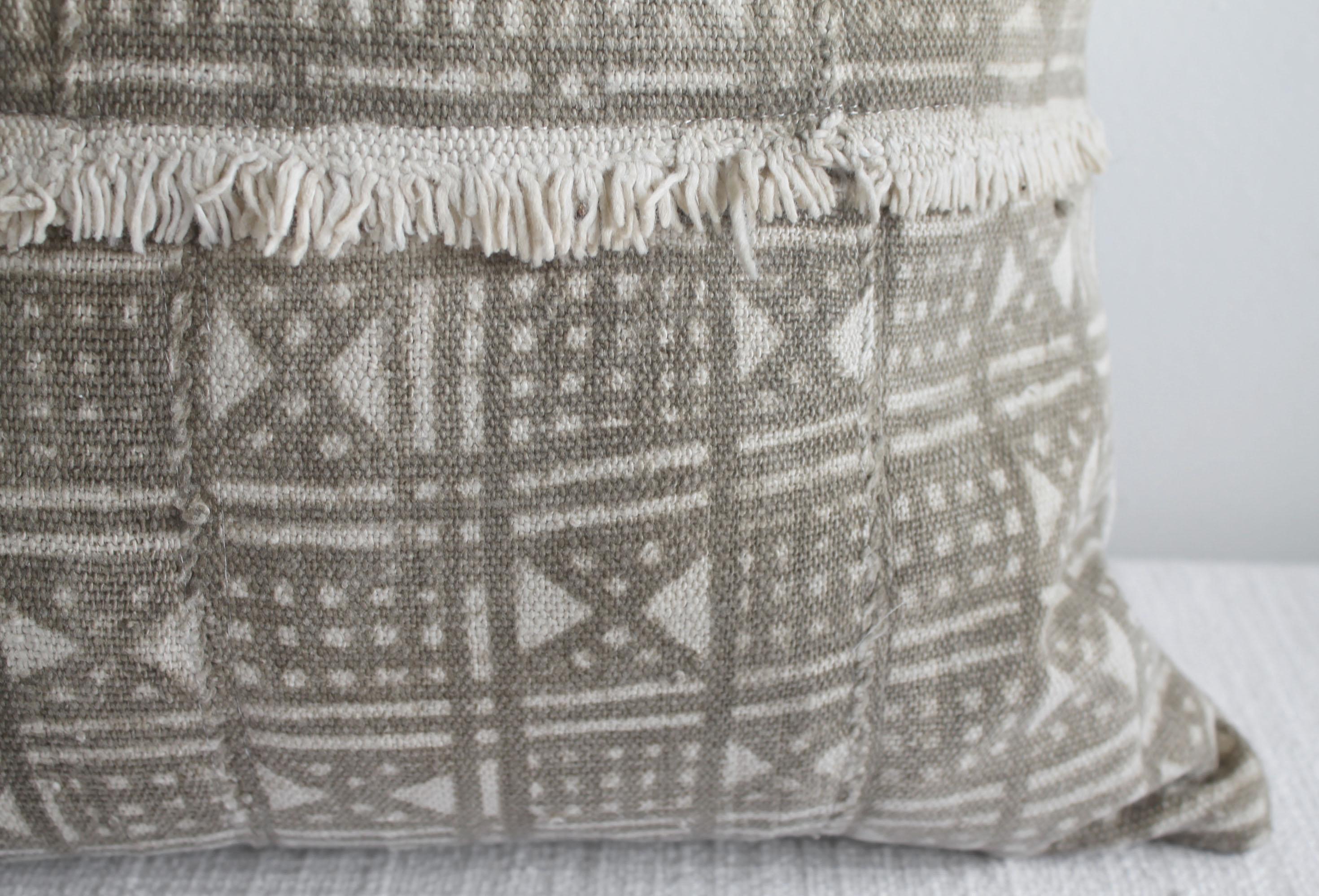 Vintage Mali Cloth Pillow in Natural and Brown with Original Fringe Detail In Excellent Condition In Brea, CA