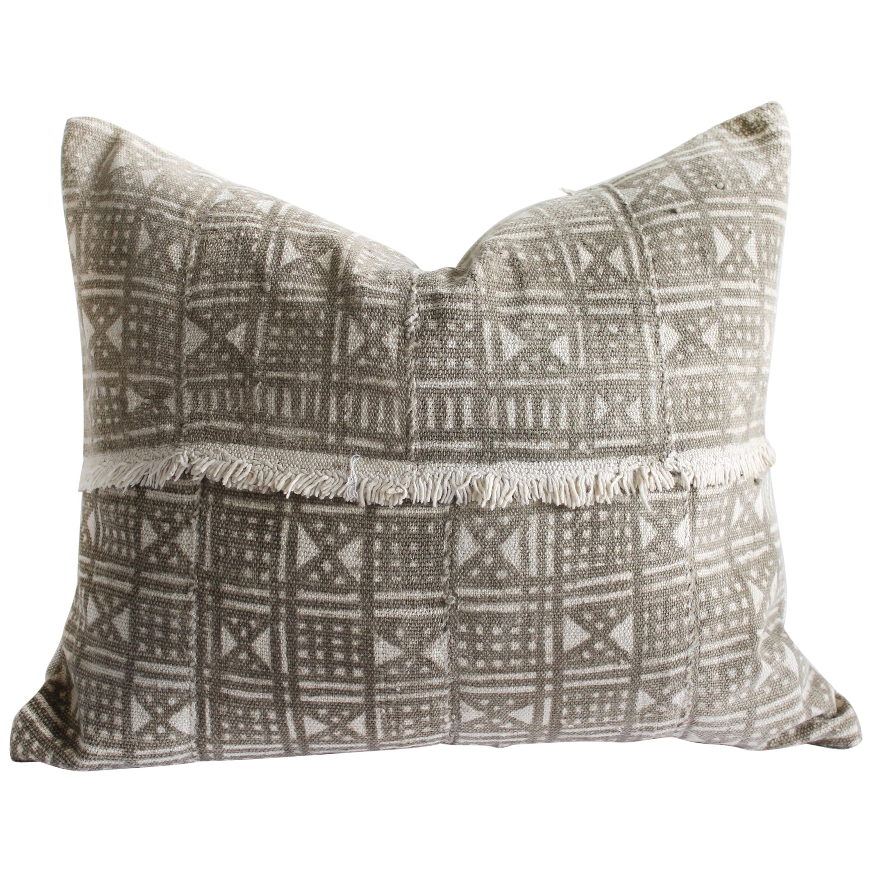 Vintage Mali Cloth Pillow in Natural and Brown with Original Fringe Detail