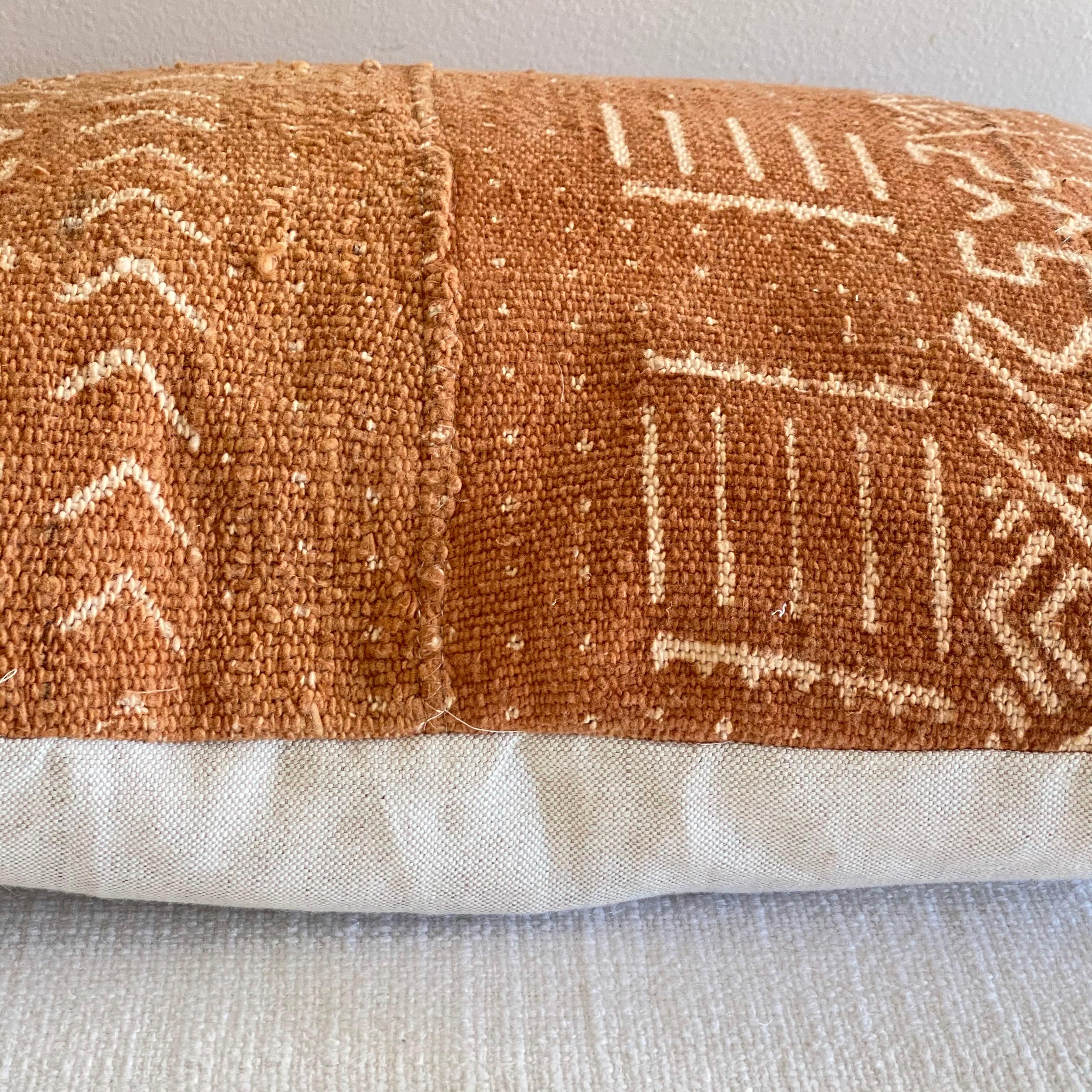 Linen Vintage Mali Mud Cloth Lumbar Pillow with Down Feather Insert