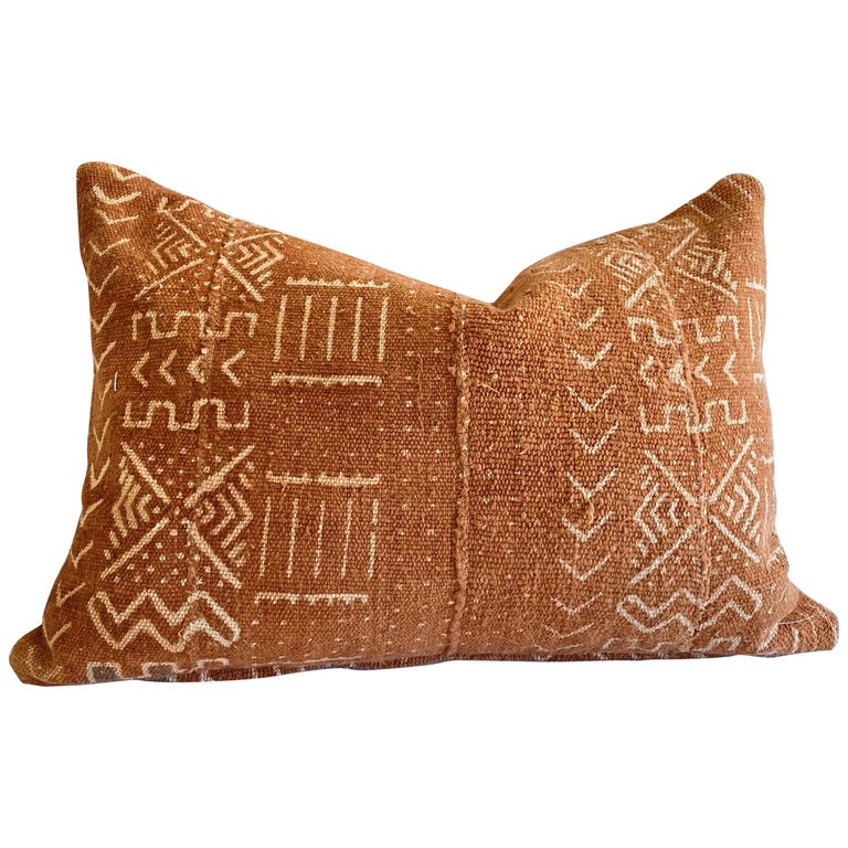 Vintage Mali Mudcloth Rust Colored Pillow with Down Feather Insert at