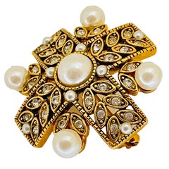 Vintage maltese cross gold pearl rhinestones designer runway brooch