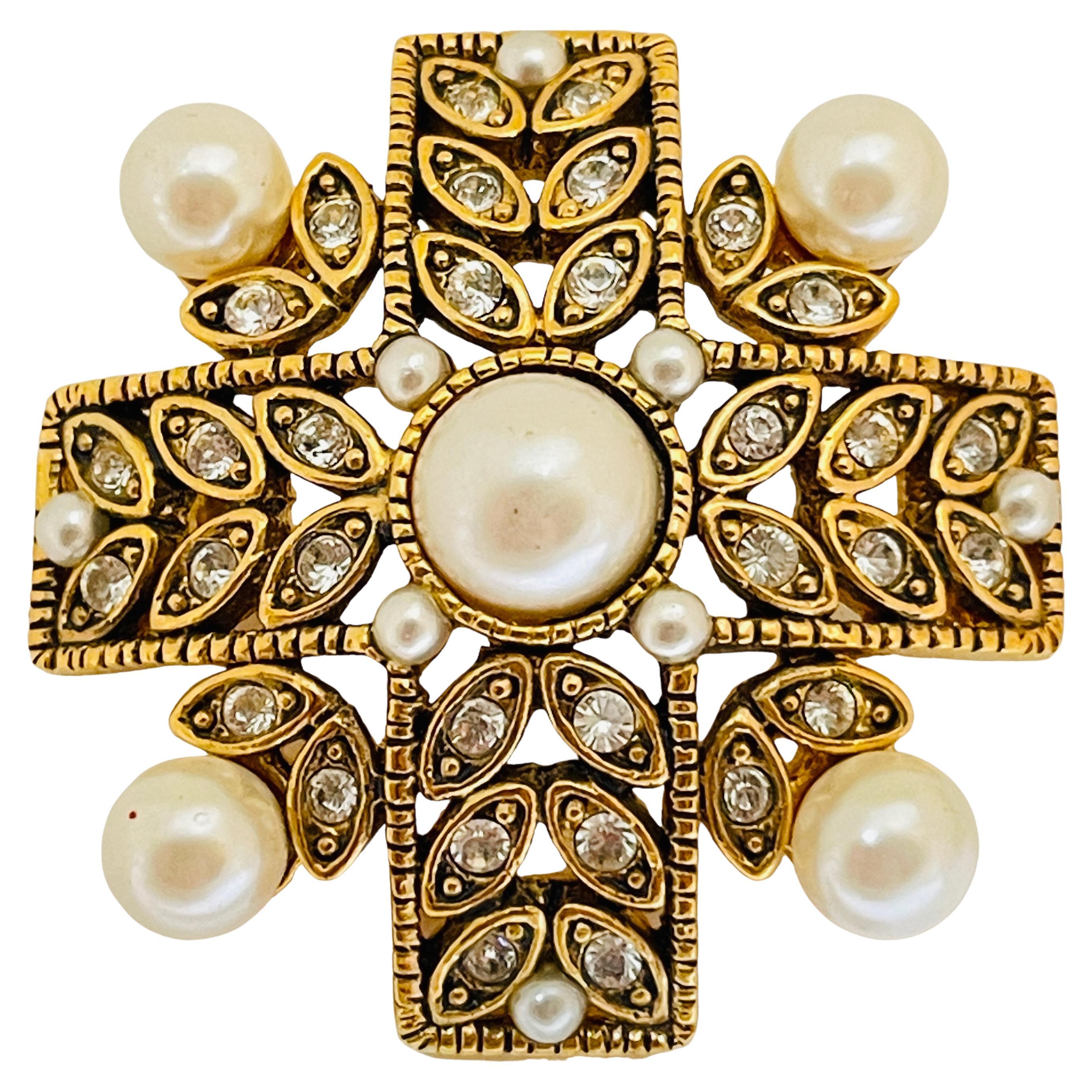 Vintage maltese cross gold pearl rhinestones designer runway brooch