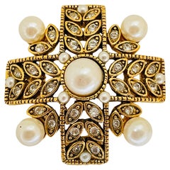 Vintage maltese cross gold pearl rhinestones designer runway brooch