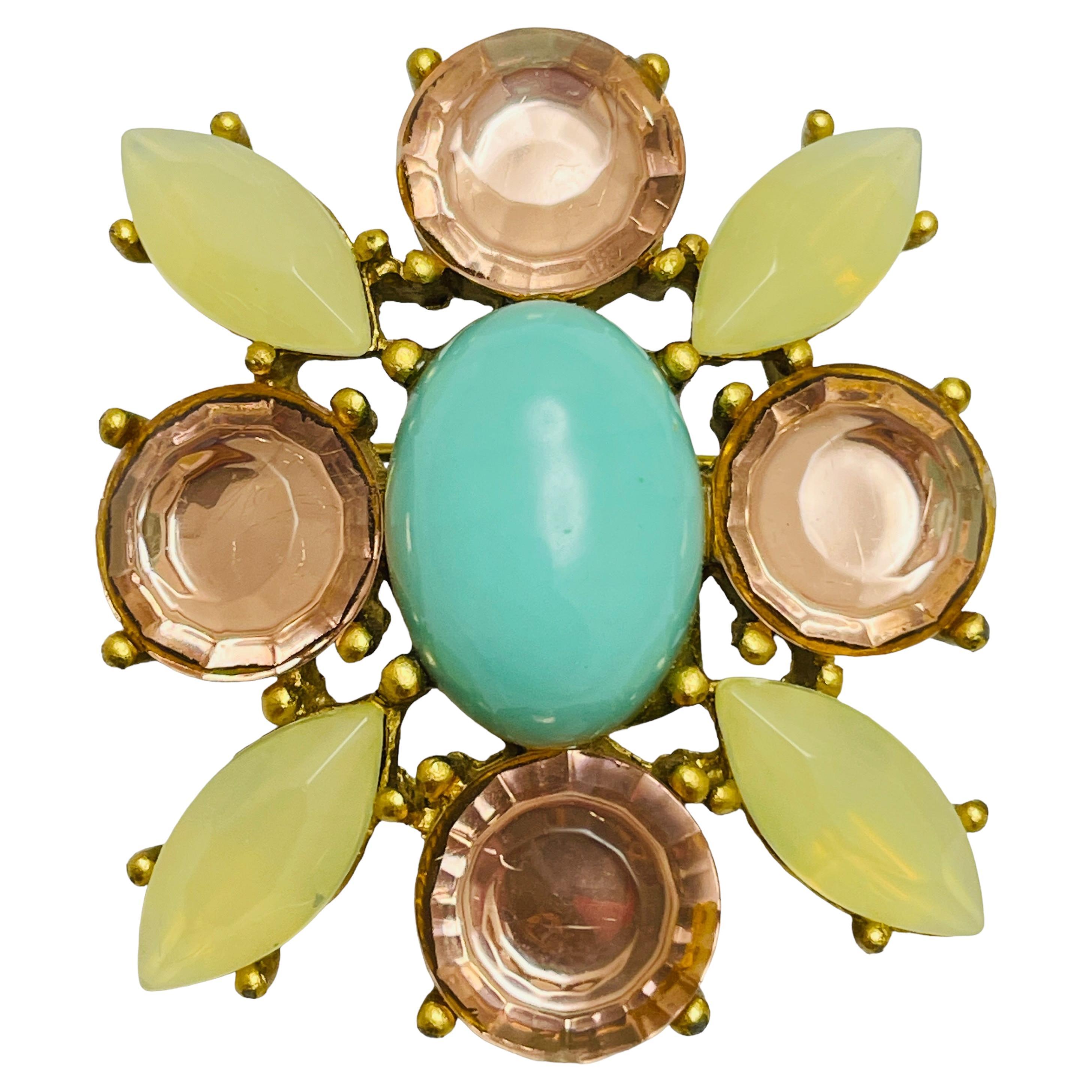 Vintage maltese cross gold tone glass designer brooch
