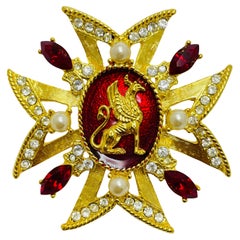 Vintage maltese cross gold tone rhinestones pearls enamel designer brooch