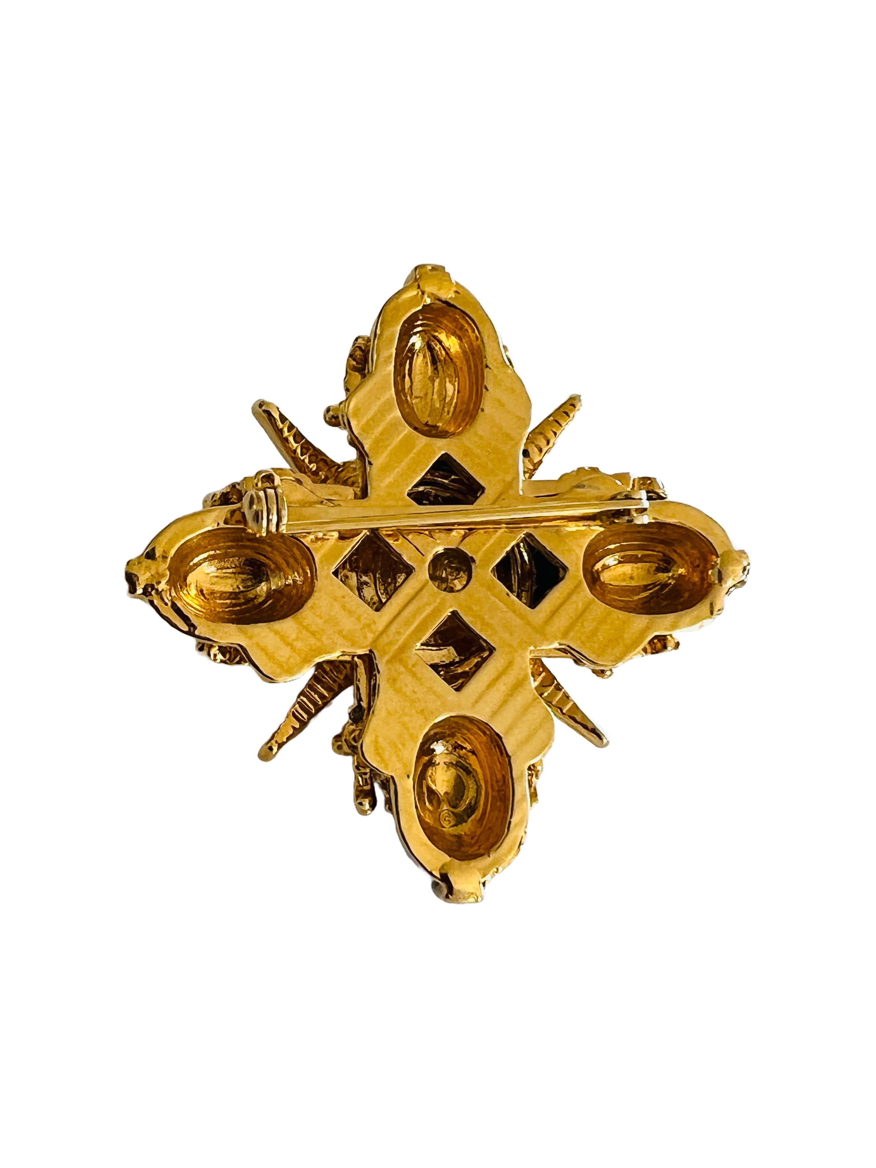 Modern Vintage Maltese Cross Imitation Pearl Cabochon Black Enamel Gold Brooch