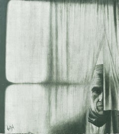 Vintage "Man Behind the Curtain" Gemälde signiert Vida