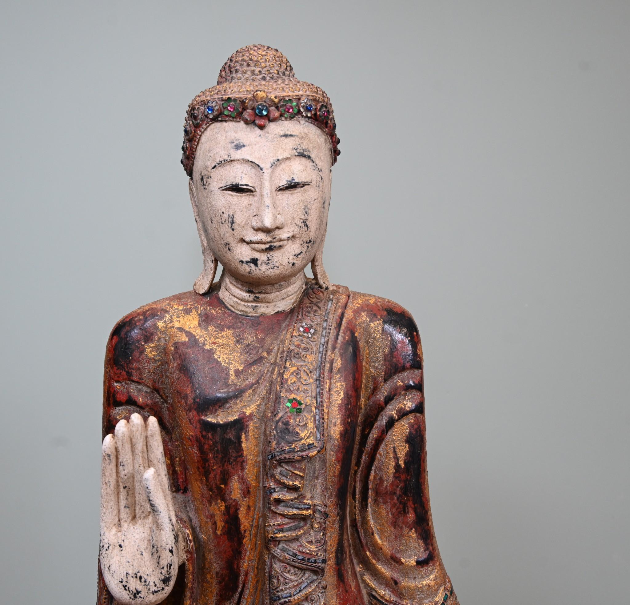 Mandalay-Buddha-Statue im Vintage-Stil, stehende burmesische buddhistische Kunst 1930 7